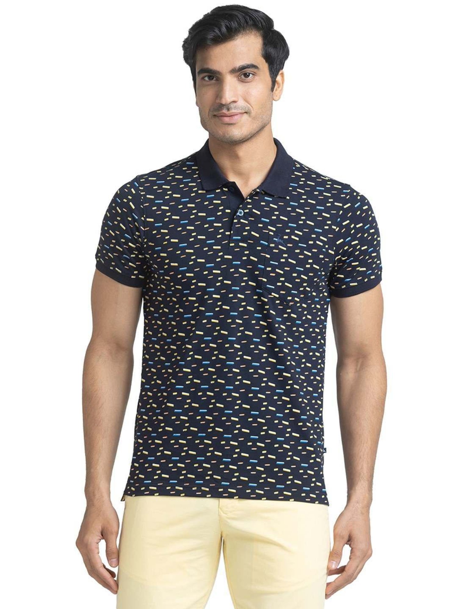 Parx Blue Cotton Regular Fit Printed Polo T-Shirt