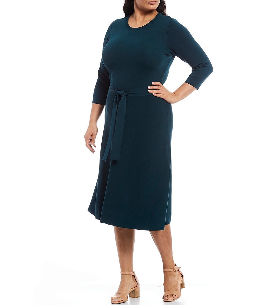 Eliza J Plus Size Crew Neck 3/4 Sleeve Tie Waist Slick Knit A-Line Midi Dress