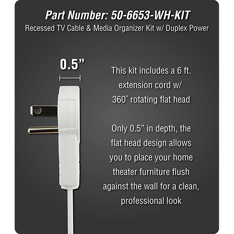 Electronics 506653WHKIT Recessed TV Cable amp Media Organizer Kit with Duplex Power Receptacle White
