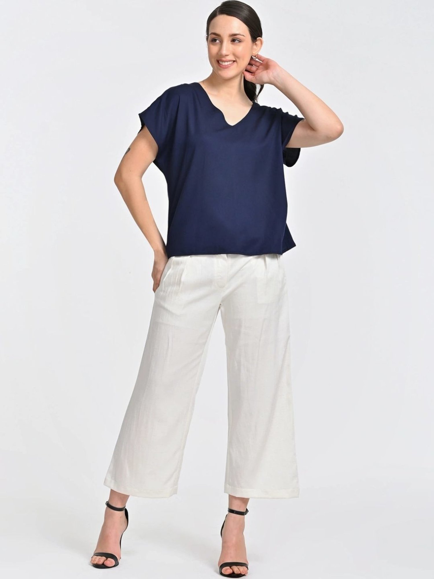 Saltpetre Indigo V-neck Top With Cream Trousers Co-ords Set