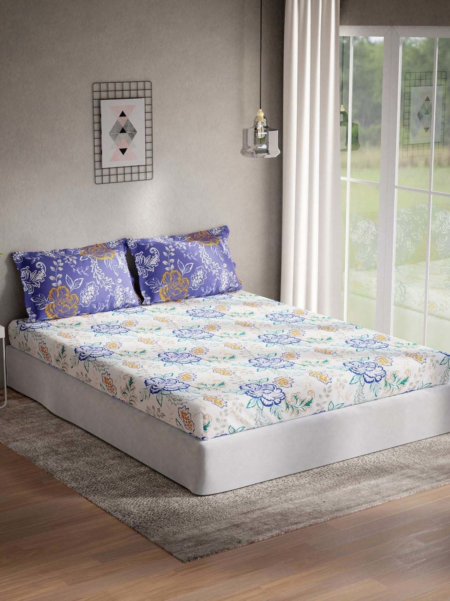 DDecor Lyra Floral Blue Cotton 144 TC Double Bedsheet With 2 Pillow Covers