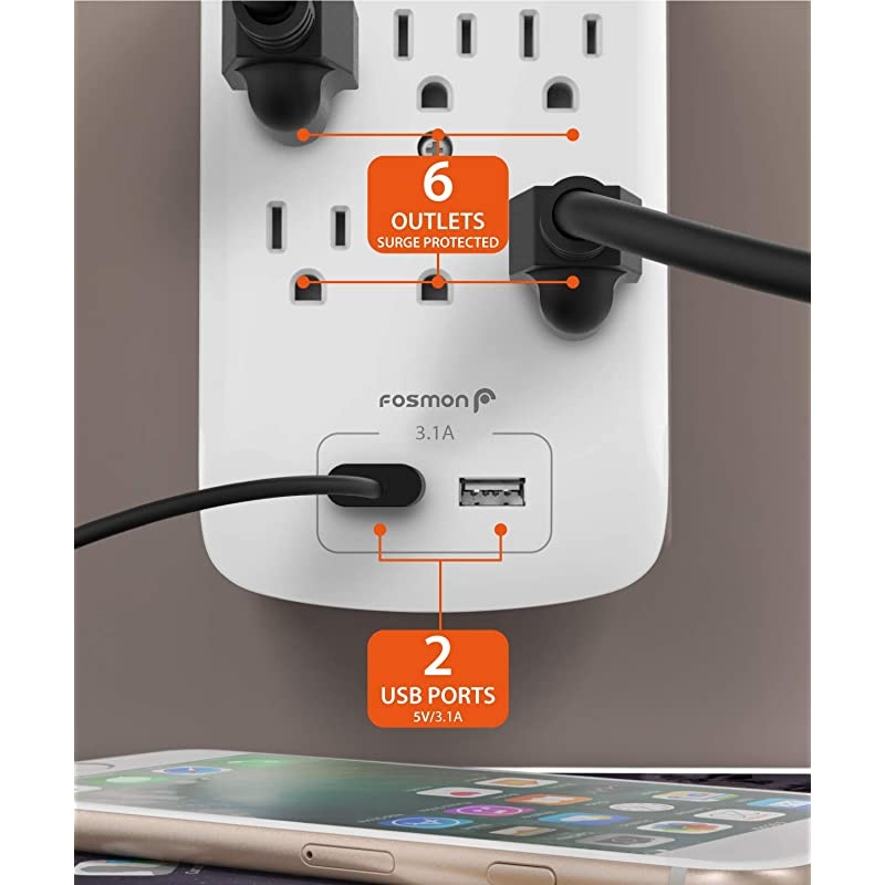6 Outlet Surge Protector 1200 Joules with 2 USB Ports Charger 31A Multi Plug Outlet Extender 1875 Watt 3Prong Grounded Wall Tap Adapter