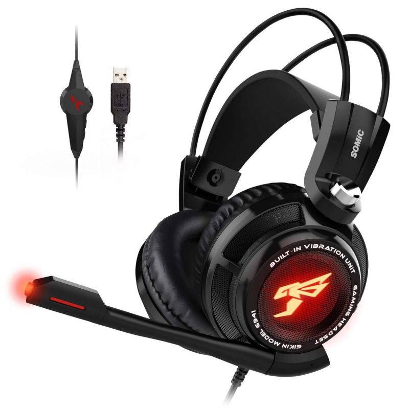 SOMIC G941 Gaming Headset for PS4, PC and Laptop, 7.1 Virtual Surround Sound USB Lightweight Over Ear Headphone with Mic,Volume Control,LED(Black)