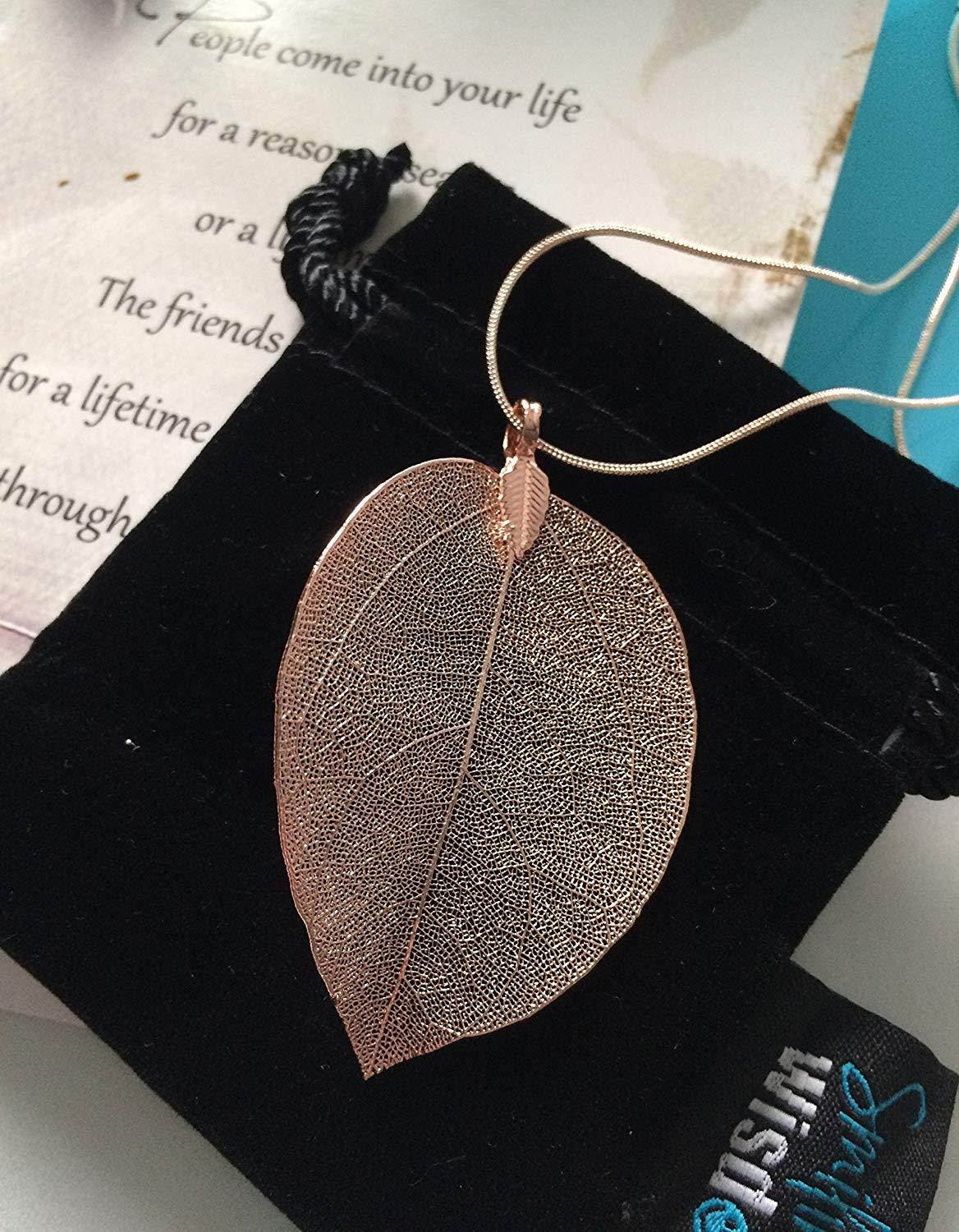 Smiling Wisdom - Rose Gold Real Leaf Friendship Necklace Gift Set - Reason Season Lifetime Friendship Greeting Card - Sweater Leaf Statement Necklace - For Her, Awesome Best Friend - Rose Pink Color