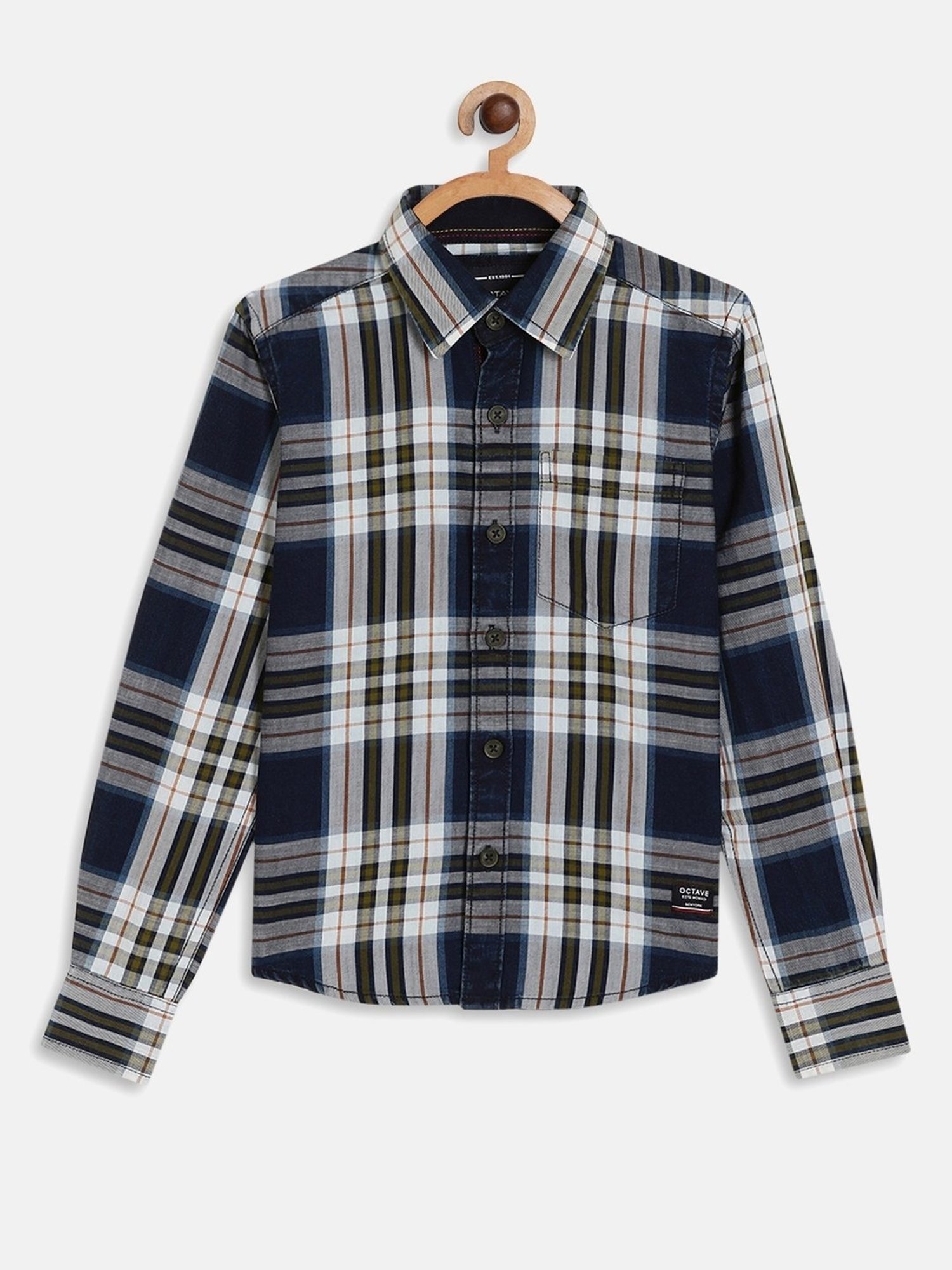 Octave Kids Olive Green & Blue Cotton Chequered Full Sleeves Shirt