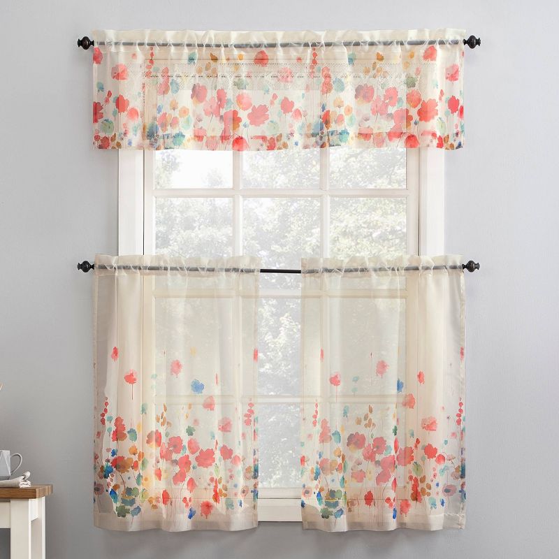 14"x54" Rosalind Watercolor Floral Semi-Sheer Rod Pocket Kitchen Curtain Valance Poppy Red - No. 918