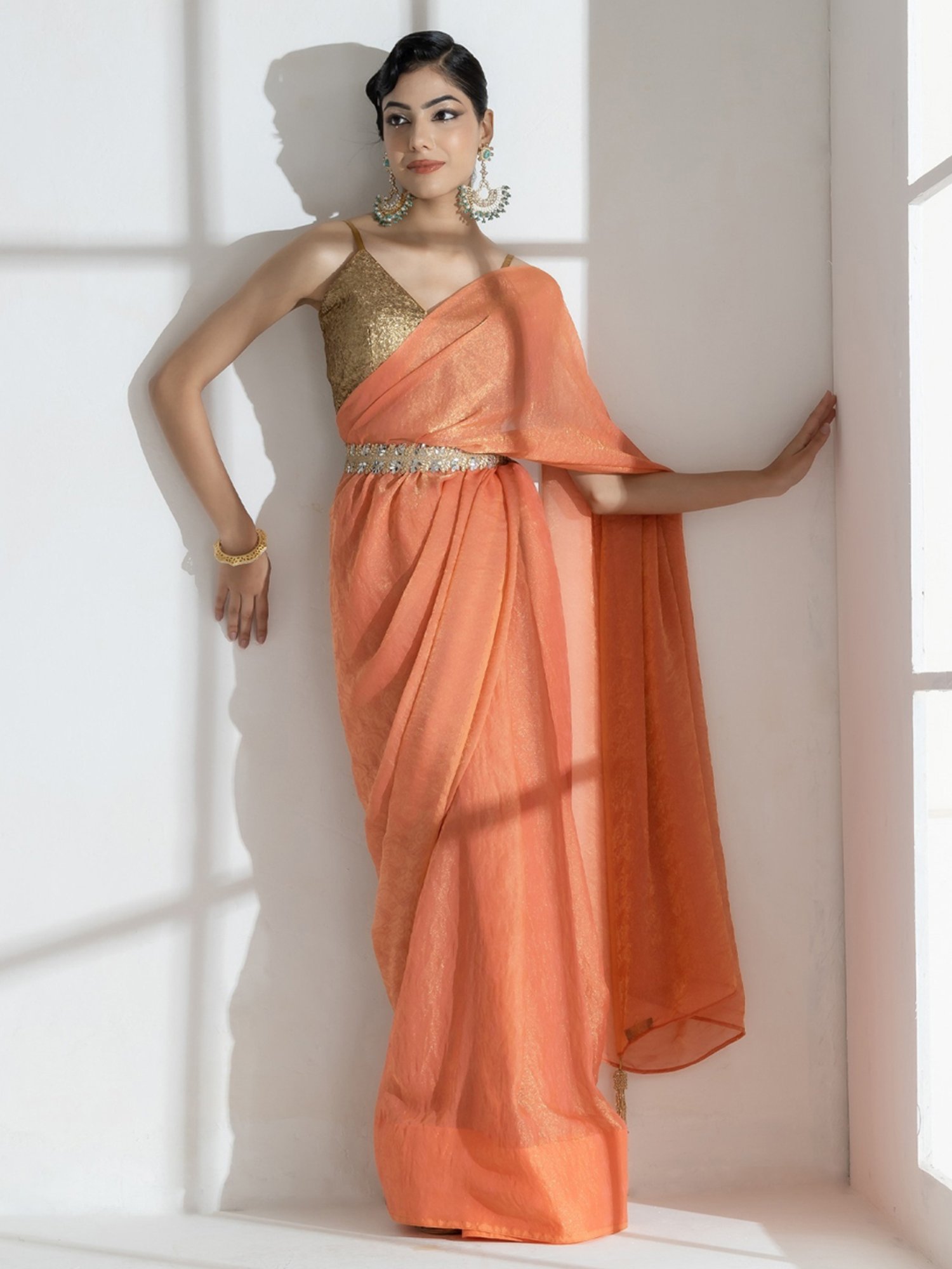 Swtantra Peach Woven Saree Without Blouse