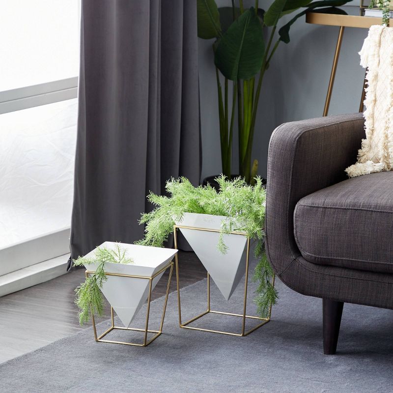 Set of 2 Geometric Planters with Metal Base White/Gold - CosmoLiving by Cosmopolitan