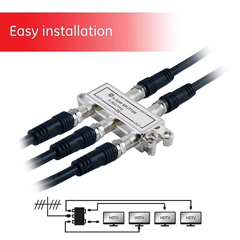 4Way Coaxial Cable Splitter 5900 Mhz Ran RG59 RG6 Coax Compatible Audio Video Works with HD TV Cable Amplifiers Amplified Antennas Nickel Corrosion Resistant 35047
