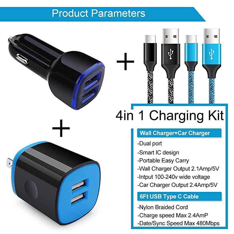 C Charger Set for Samsung Galaxy A20 S20 S10 A10e A50 A51 A70 A71 A01 S9 S8+ Note 20 Note10+ 9 8 Dual Port Wall Charging Block Cube Car Charger Adapter with 2Pack Type C Fast Charge Cable