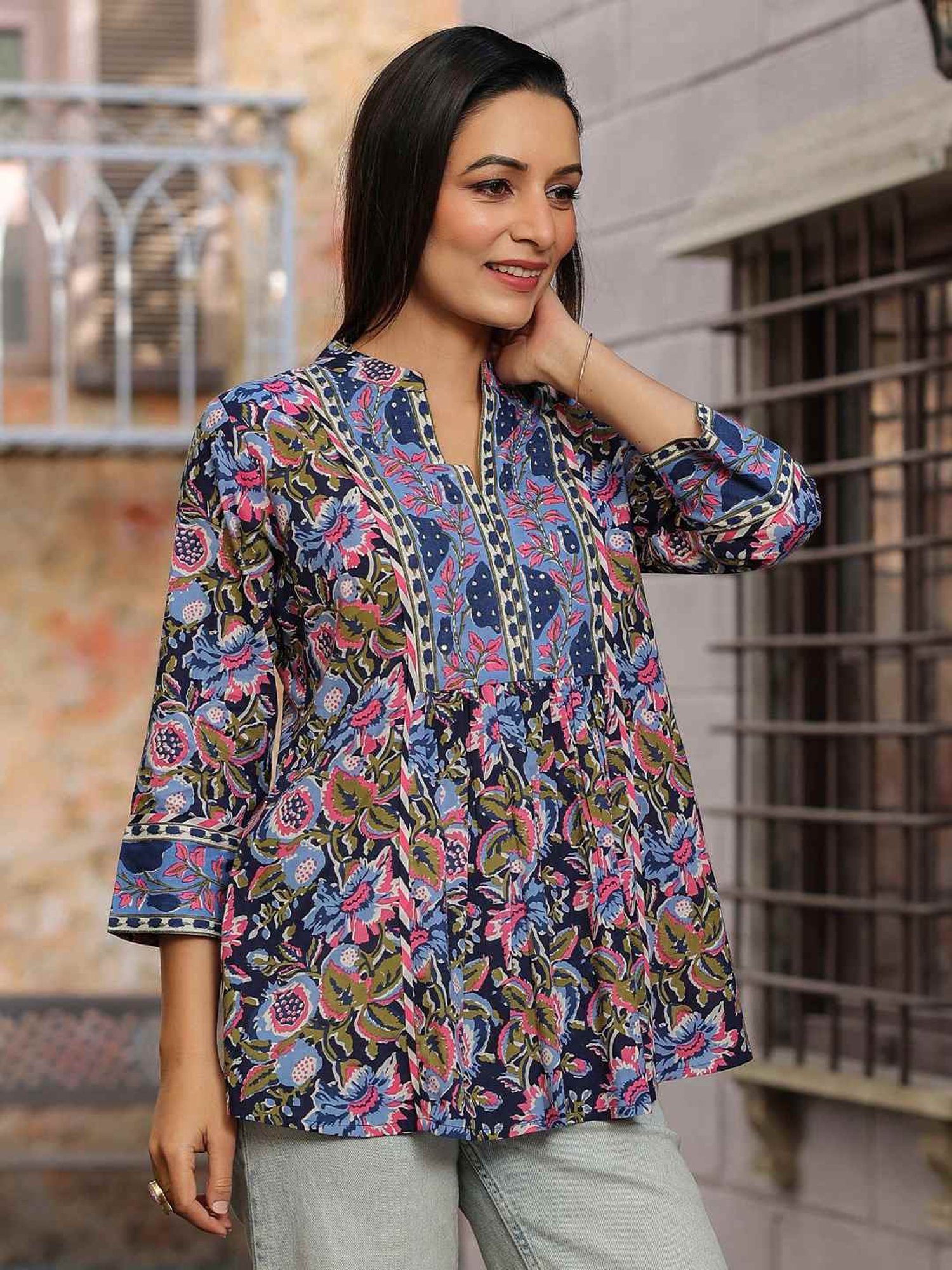 Rain and Rainbow Blue Cotton Floral Print Top