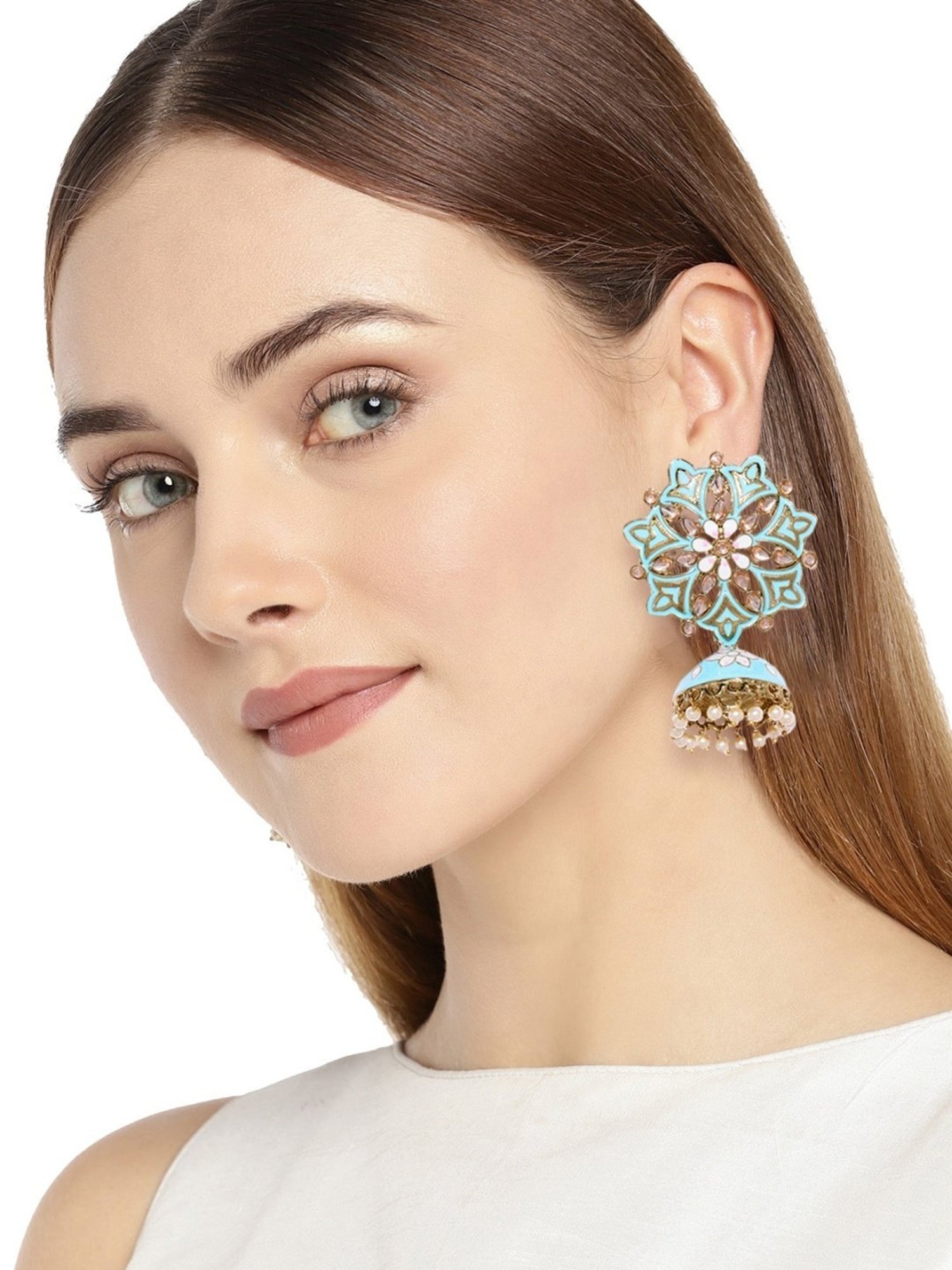 Zaveri Pearls Turquoise Blue Beautiful Enamelling Jhumki Earrings - ZPFK9129