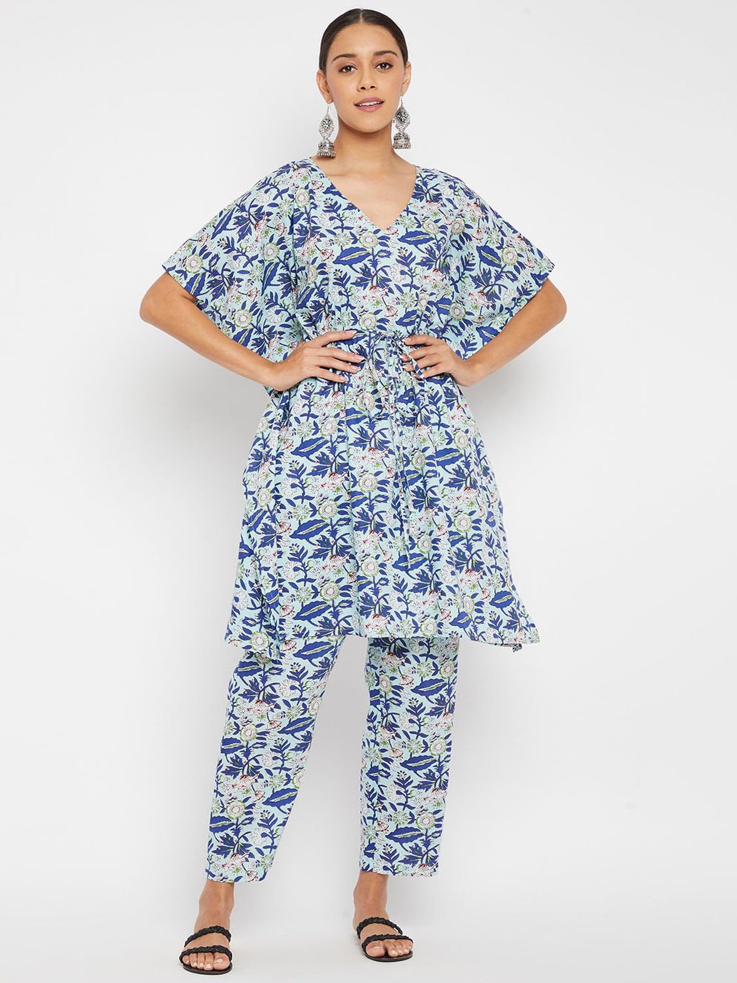 PANIT Blue Printed Cotton Kaftan Kurta Pant Set