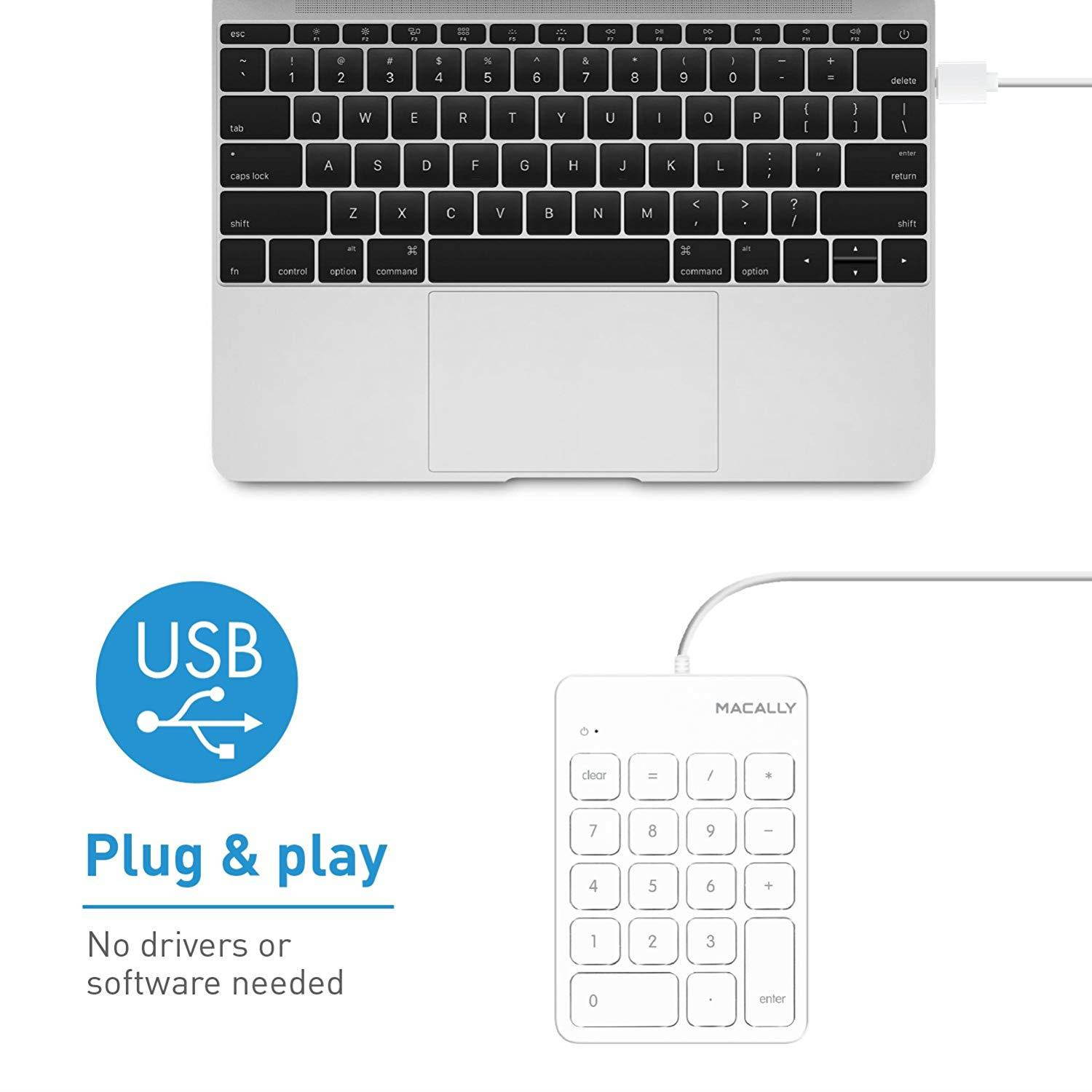 Macally Wired USB Numeric Keypad Keyboard for Laptop, Apple Mac iMac MacBook Pro/Air, Windows PC, or Desktop Computer with 5 Foot Cable & 18 Key Slim Number Pad Numerical Numpad - White (NUMKEY)
