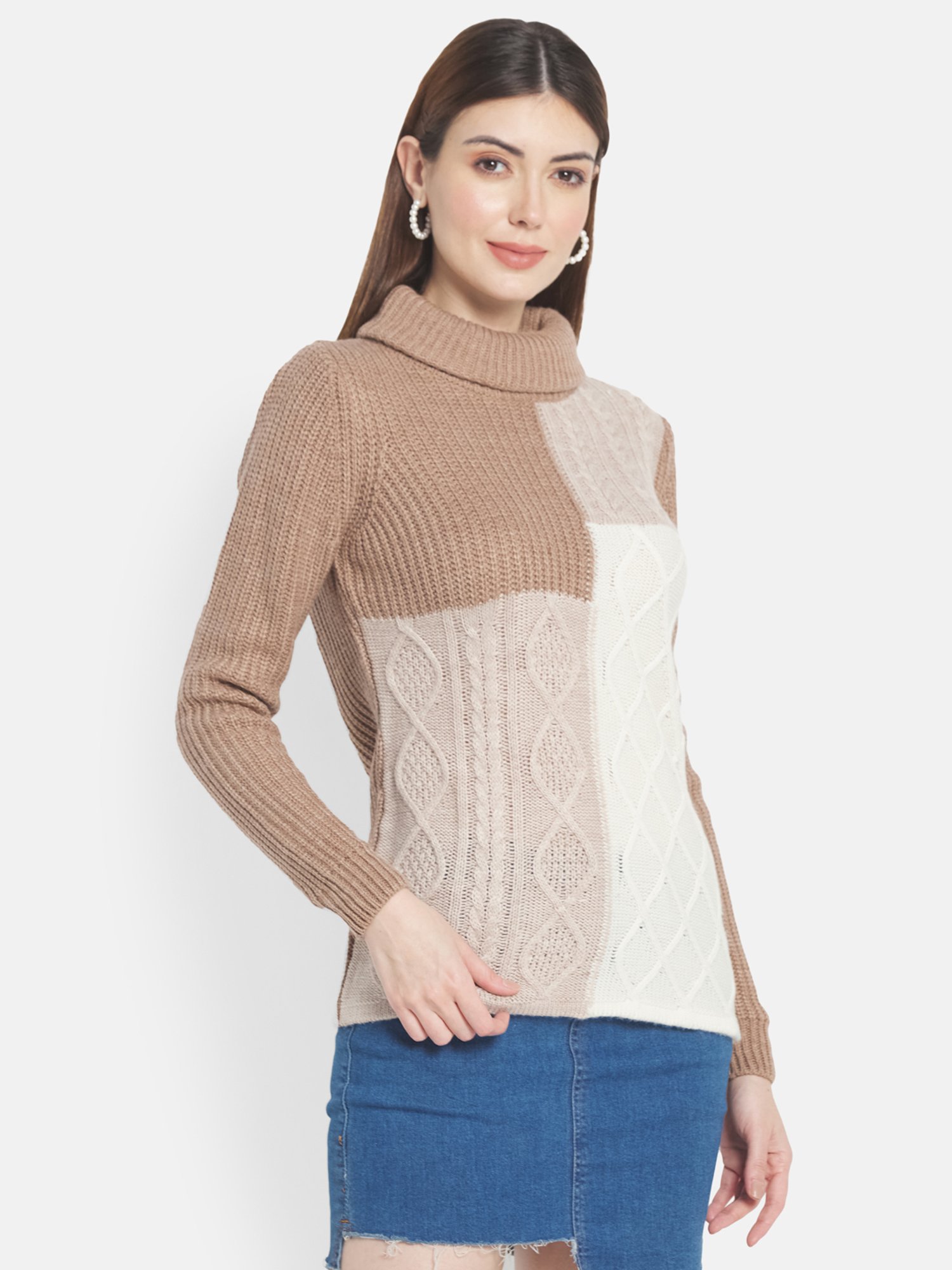 METTLE Brown & white Color Block Pattern Pullover