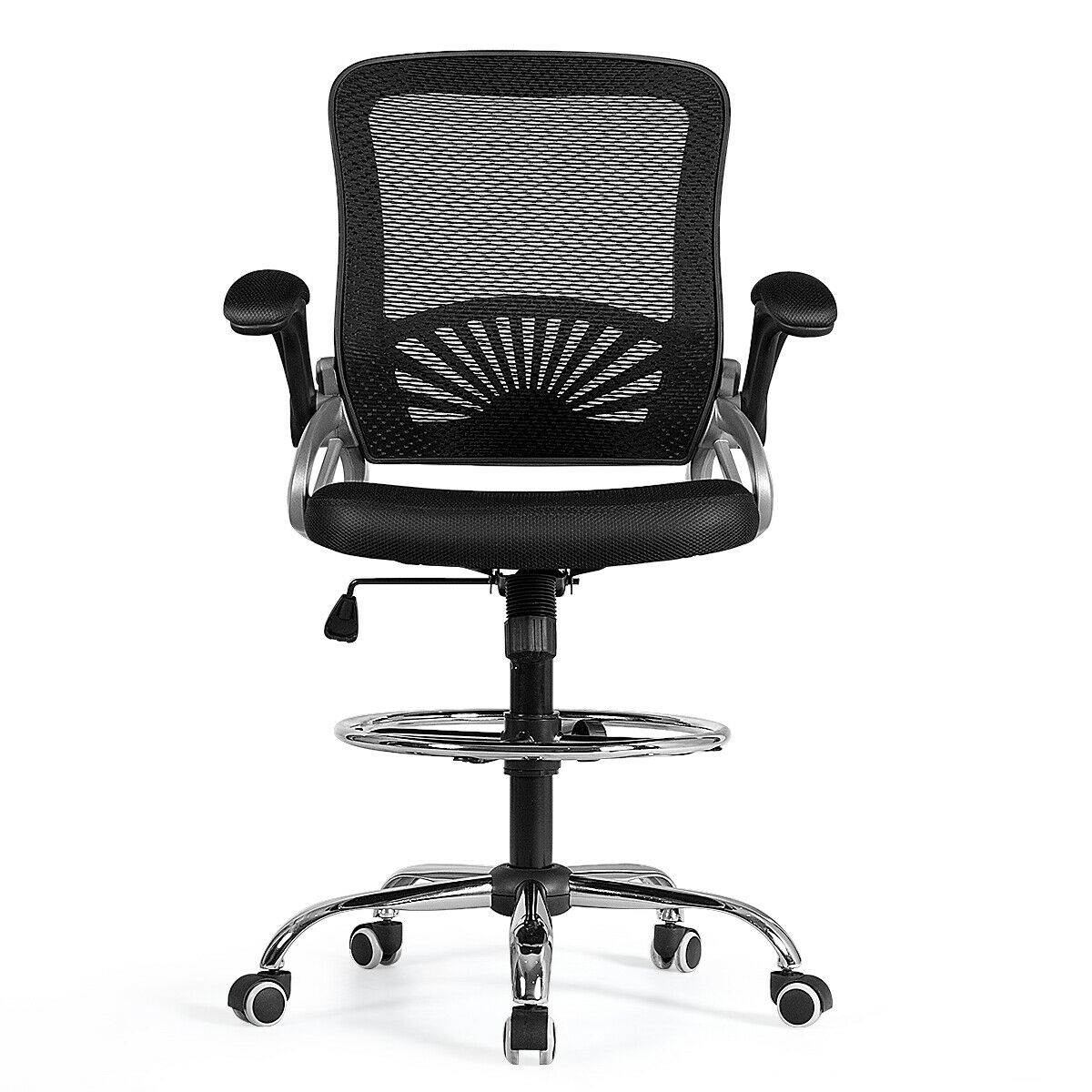 Mesh Drafting Chair Mid Back Office Chair Adjustable Height Flip-Up Arm Black