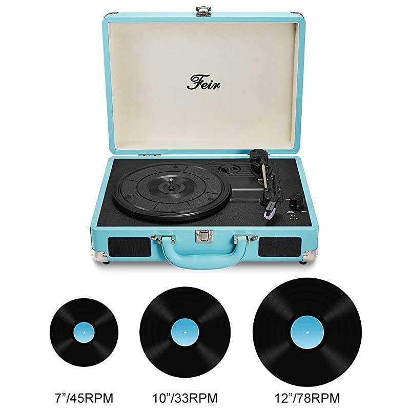 Stereo Blue Record Player 3 Speed Portable Turntable Suitcase Built in 2 Speakers RCA Line Out AUX Headphone Jack PC Recorder