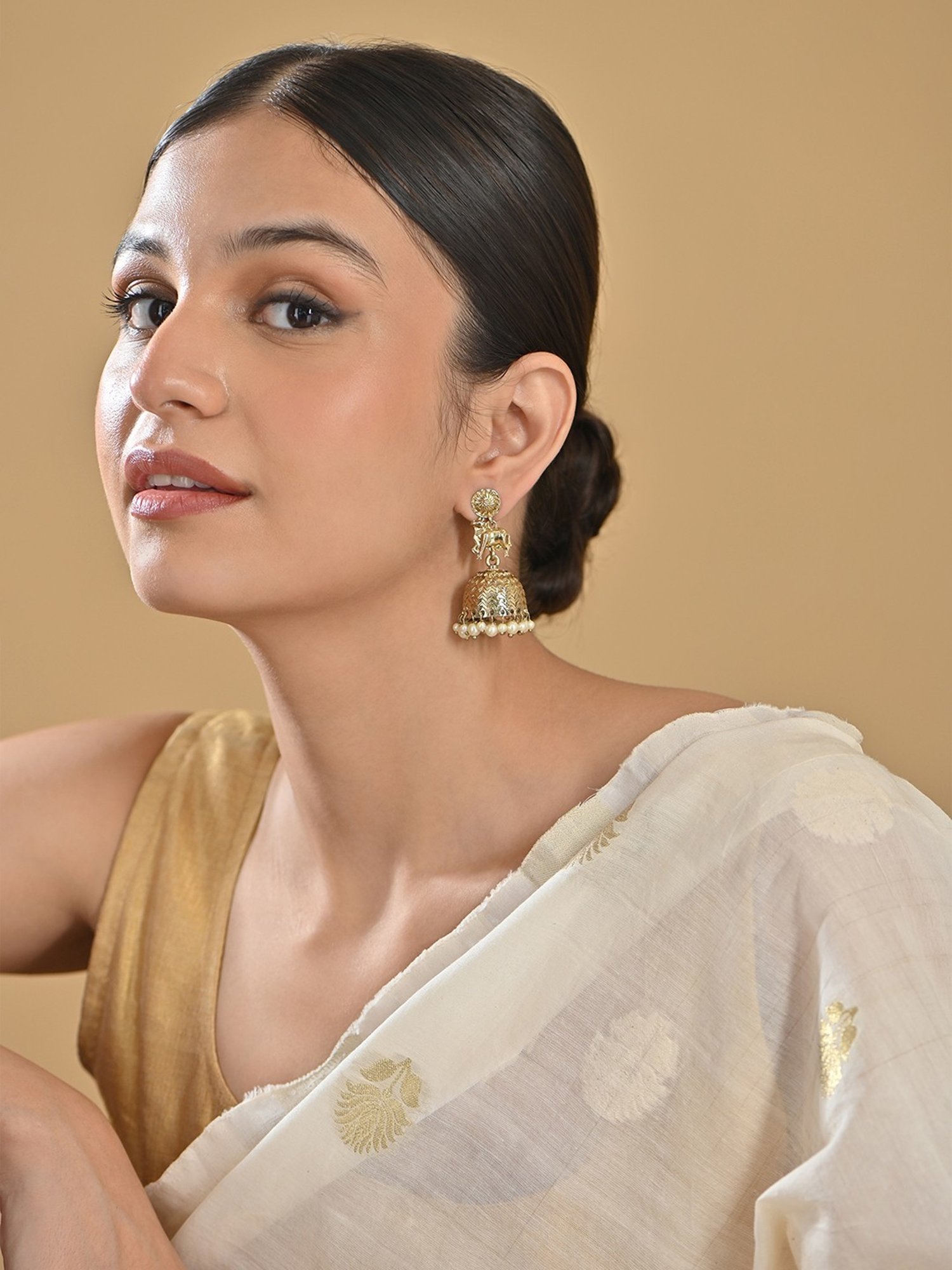 Fida White Ethnic Wedding Dome Shape Pearl Nandi Cow Temple Jhumki Earrings