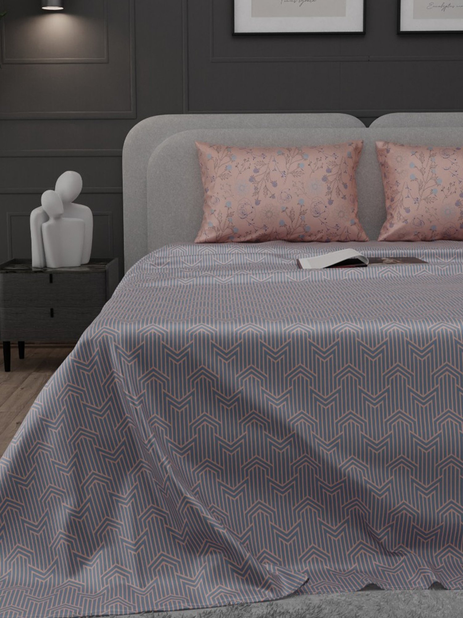 Stoa Paris Elegance Grey Polyester 300 TC Sateen King Size Bed Sheet With 2 Pillow Covers