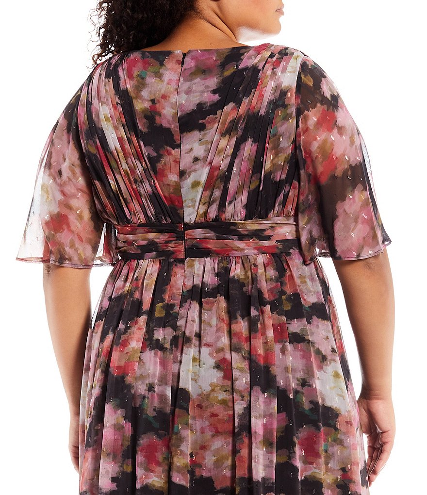 Adrianna Papell Plus Size Flutter Short Sleeve V-Neck Watercolor Printed Metallic Chiffon Draped Gown