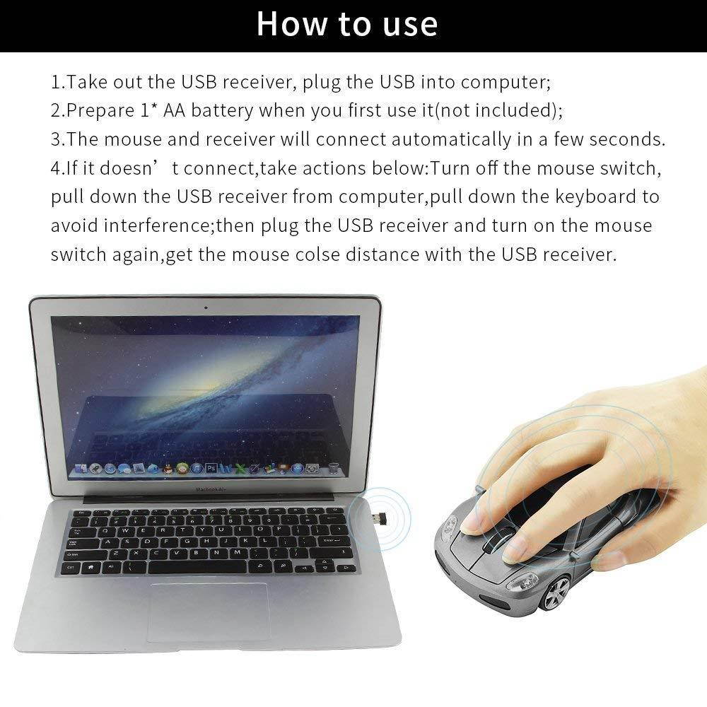 Usbkingdom 2.4GHz Cool Sport Car Shape Wireless Mouse Optical Cordless Mice with USB Receiver for PC Laptop Computer 1600 DPI 3 Buttons (Gray)