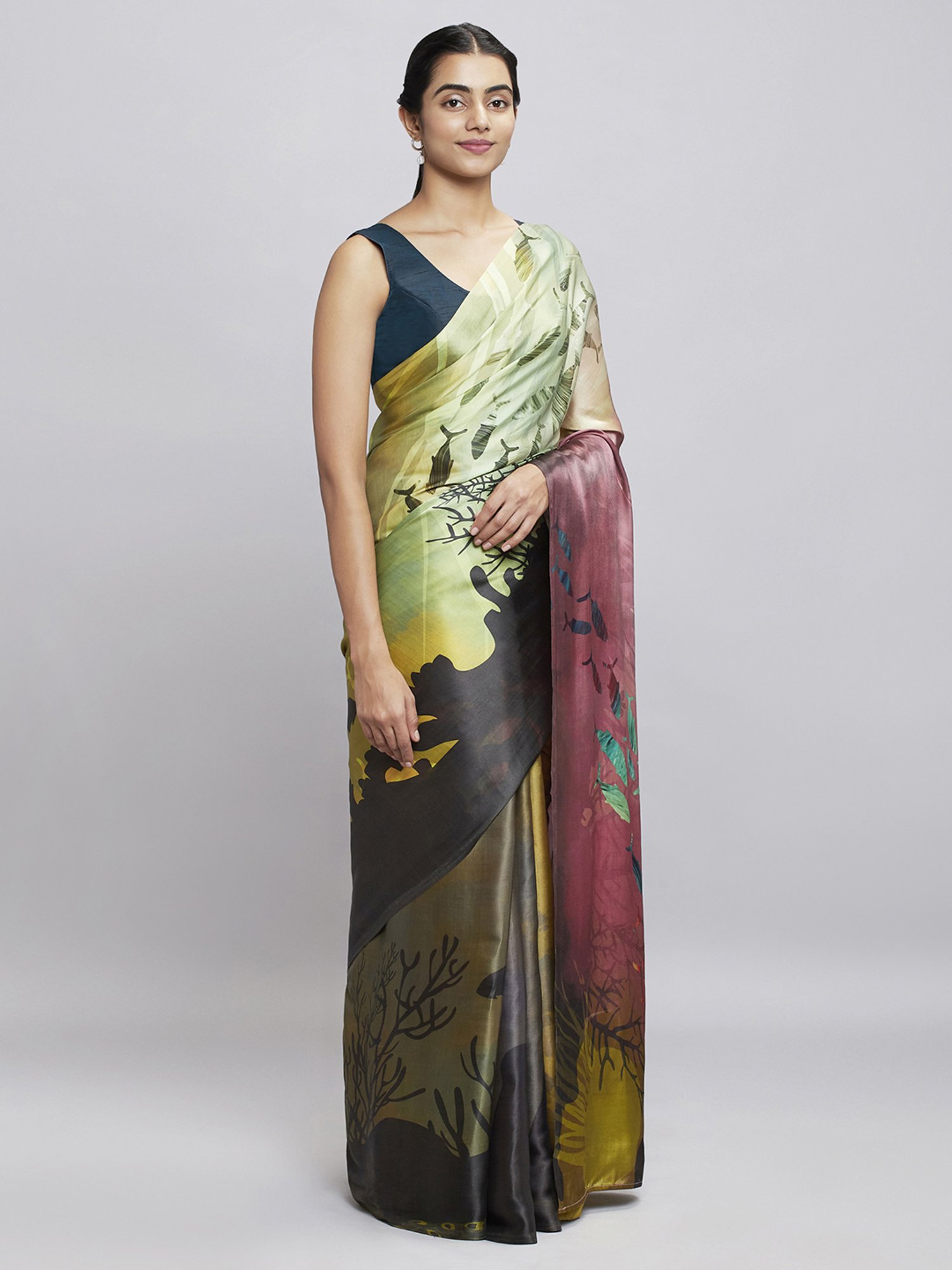 Navyasa Mustard Liva Satin Abstract Printed Saree With Coordinated Unstitched Blouse Piece