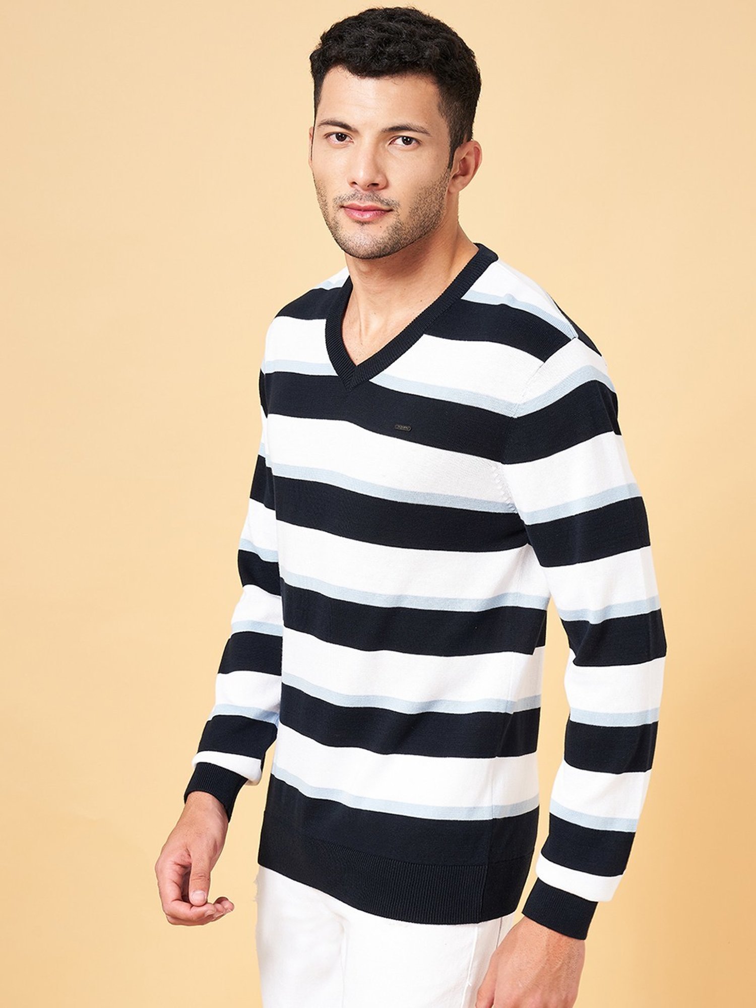 Byford by Pantaloons Blue Cotton Slim Fit Striped Sweater