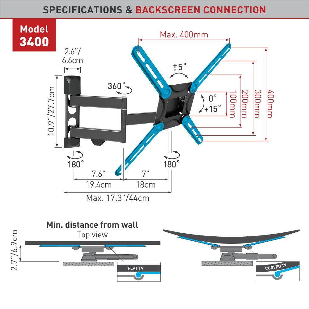 Barkan 3400.B 29-65 Full Motion 4 Movement, Flat/Curved TV Wall Mount, Dual-Arm, Up to 88 lbs, Black, Patented.