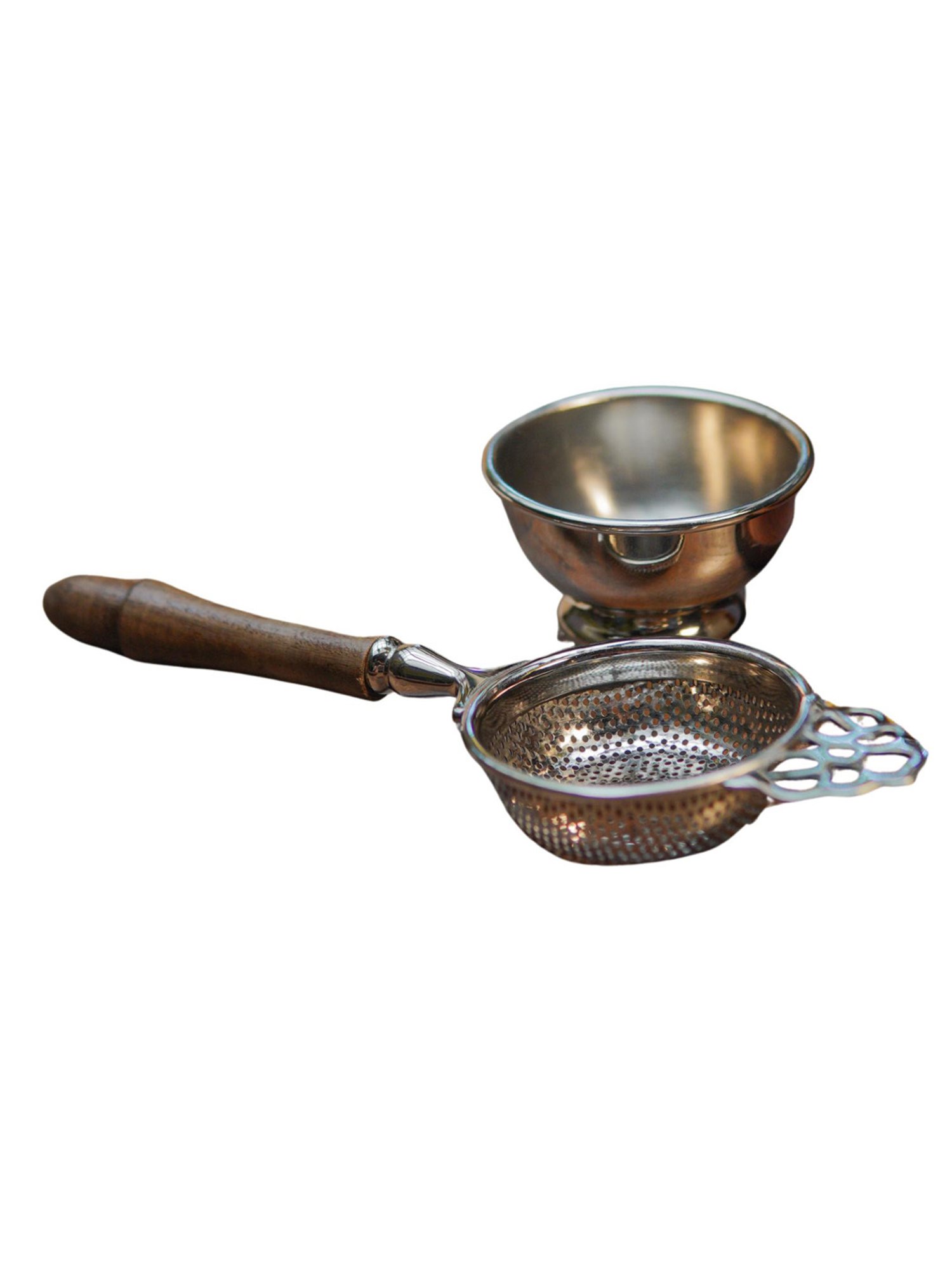 Ambi Pure Brass Punched Flower Medium Sized Tea Strainer - Gold Matte Finish With Wooden Handle