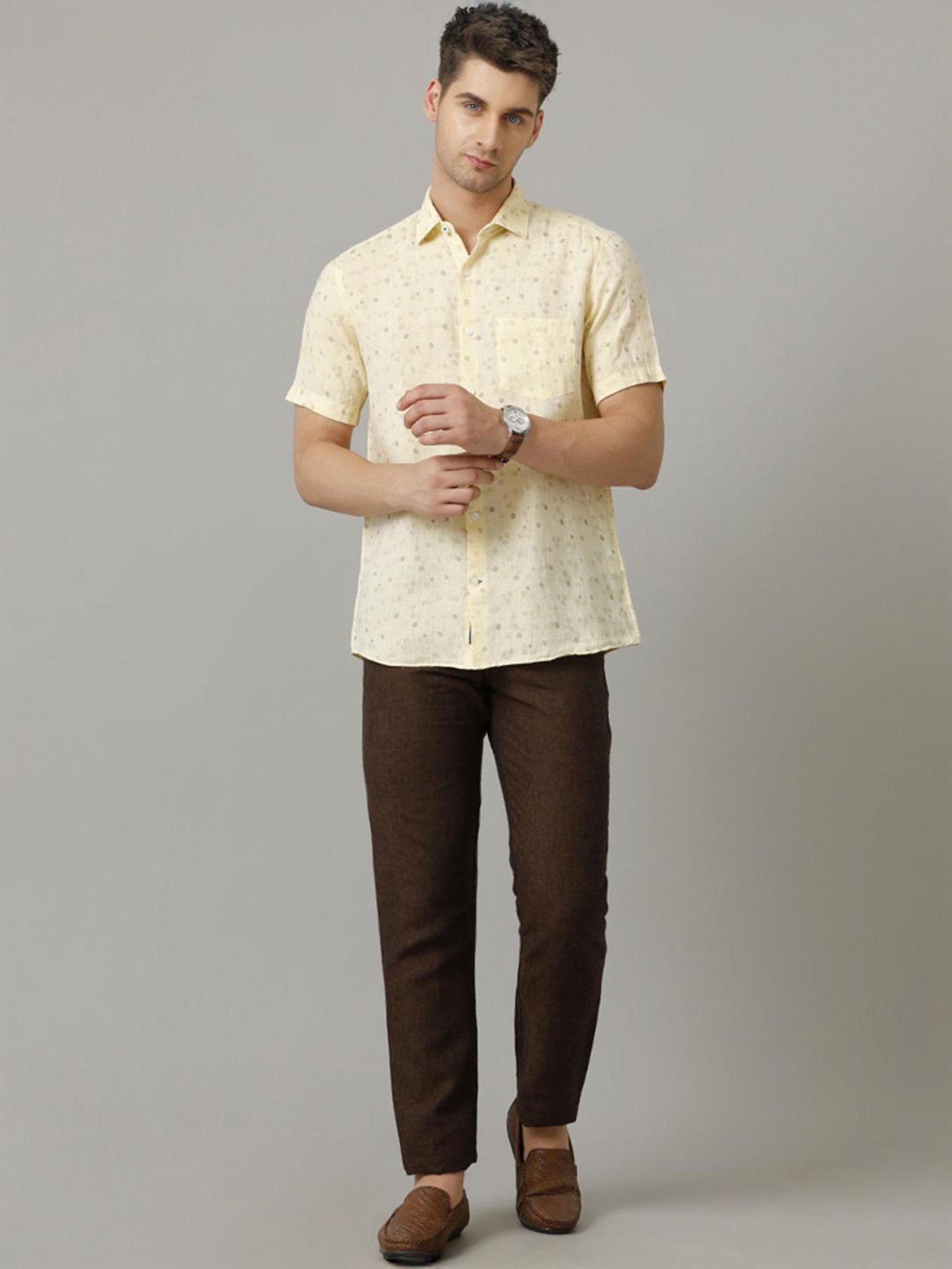 Linen Club Yellow Linen Contemporary Fit Printed Shirt