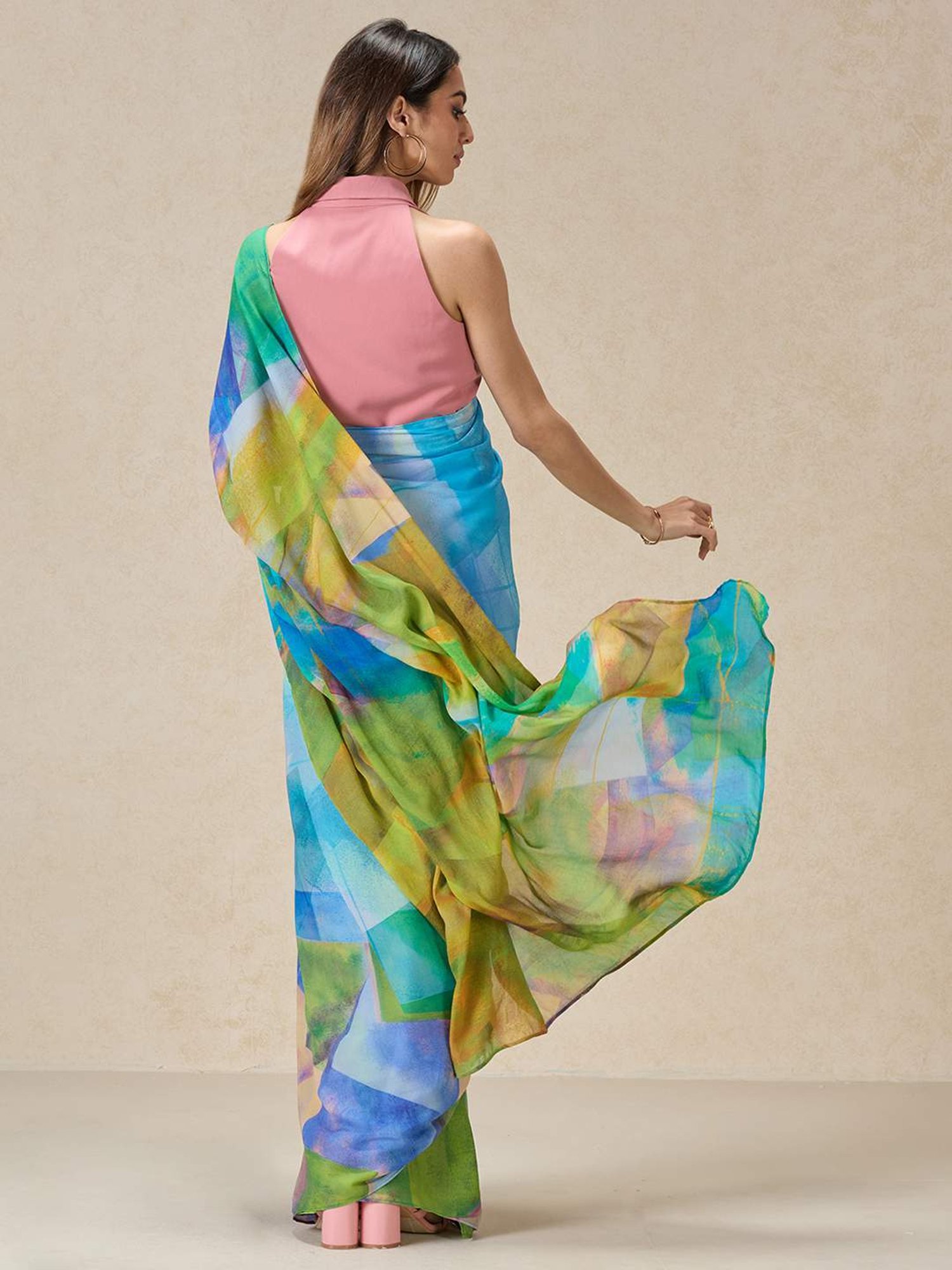 navyasa by liva Blue Printed Saree With Unstitched Blouse