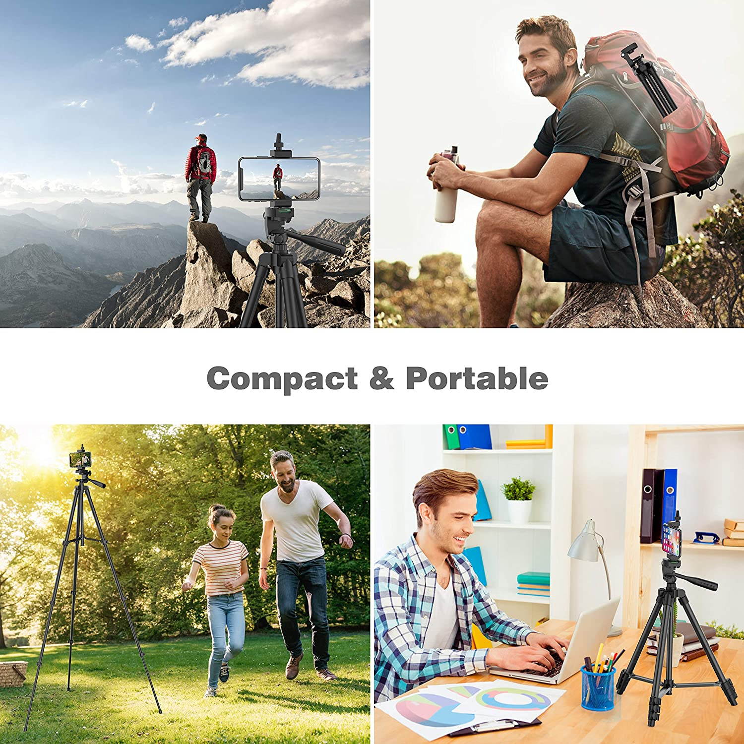 Phone Tripod, 51" Extendable Travel Lightweight Tripod Stand with Carrying Bag, Universal Tripod with Bluetooth Remote, Cell Phone Mount for iPhone Xs/Xs Max/Xr/X/8/8 Plus/Samsung/Android Phone,Camera