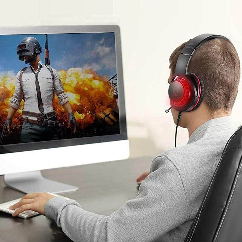 Gaming Headset for PS4 Xbox One PC with Noise Cancelling Microphone Stereo Surround Sound Headphone with LED Light Intense Bass for Computer Laptop Mac Black Red