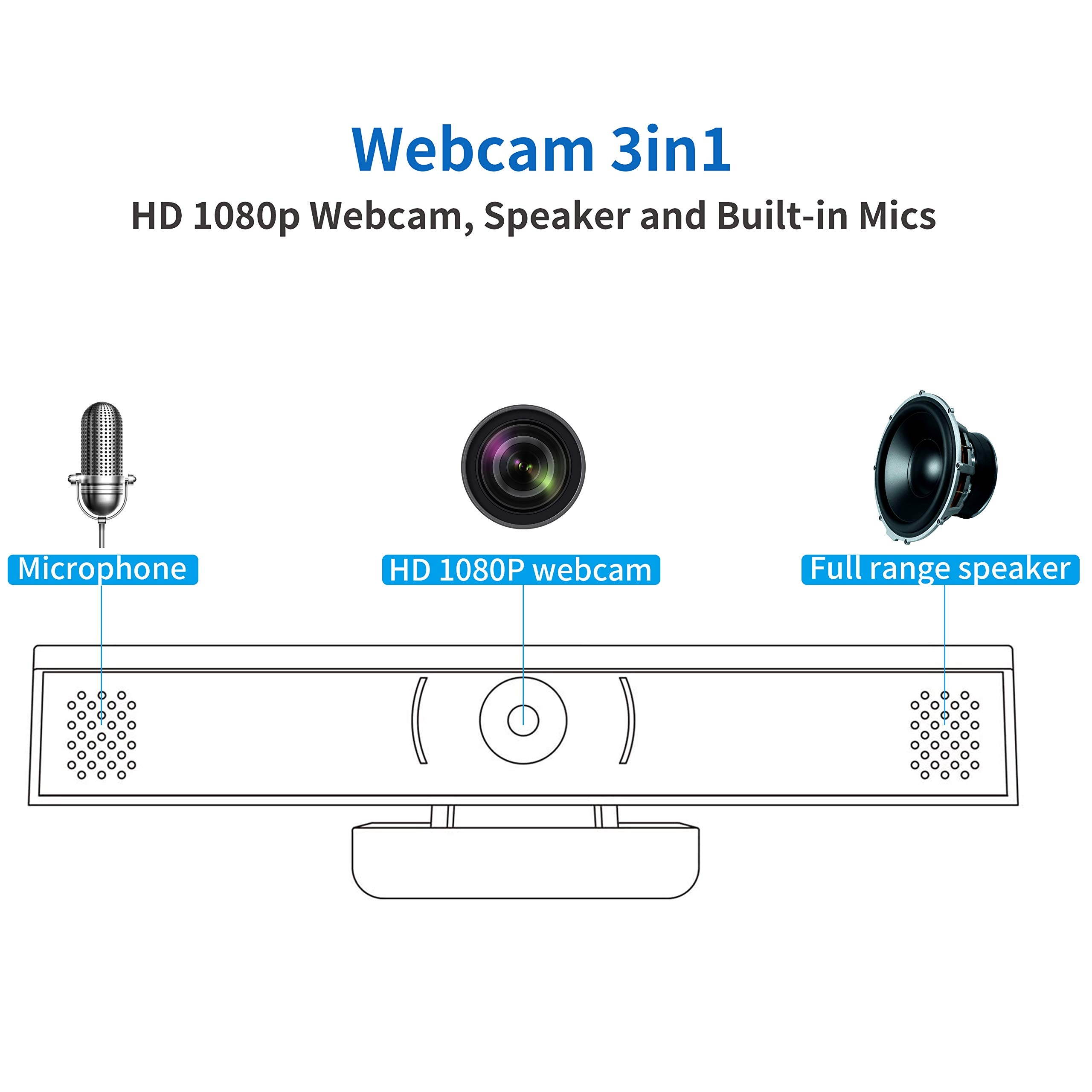 Webcam 3in1 HD 1080p Webcam with Speakerphone and Built-in Mics for skype Business, Video conferencing, Recording, Stream Webcam
