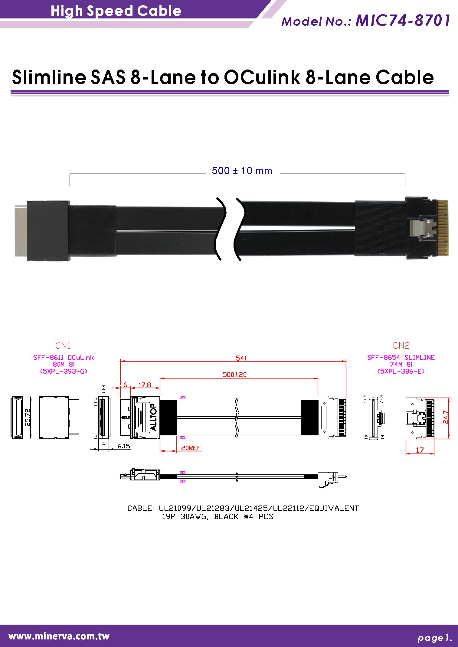 Slimline SAS (SFF-8654) 8-Lane to OCulink (SFF-8611) 8-Lane Cable
