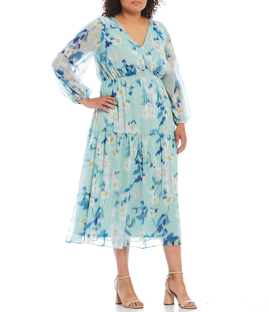 Adrianna Papell Plus Size Floral Metallic V-Neck Long Sleeve A-Line Midi Dress