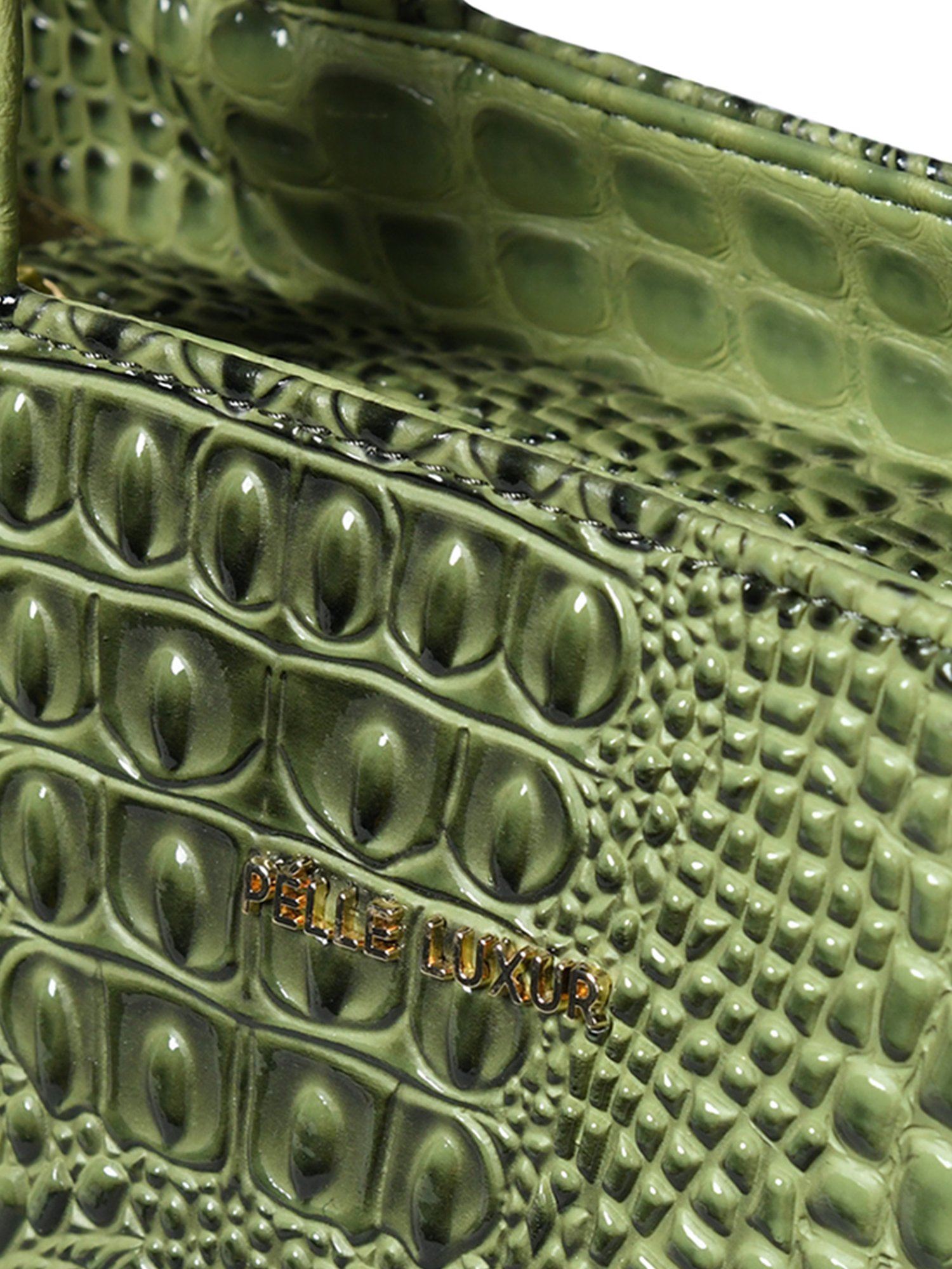 PELLE LUXUR Olive Green Animal Effect Medium Handheld Handbag