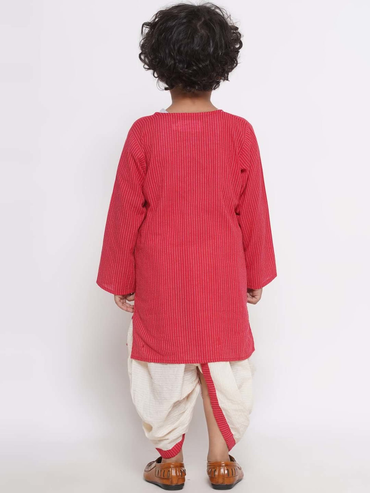 Little Bansi Red & White Cotton Embroidered Full Sleeves Kurta Set