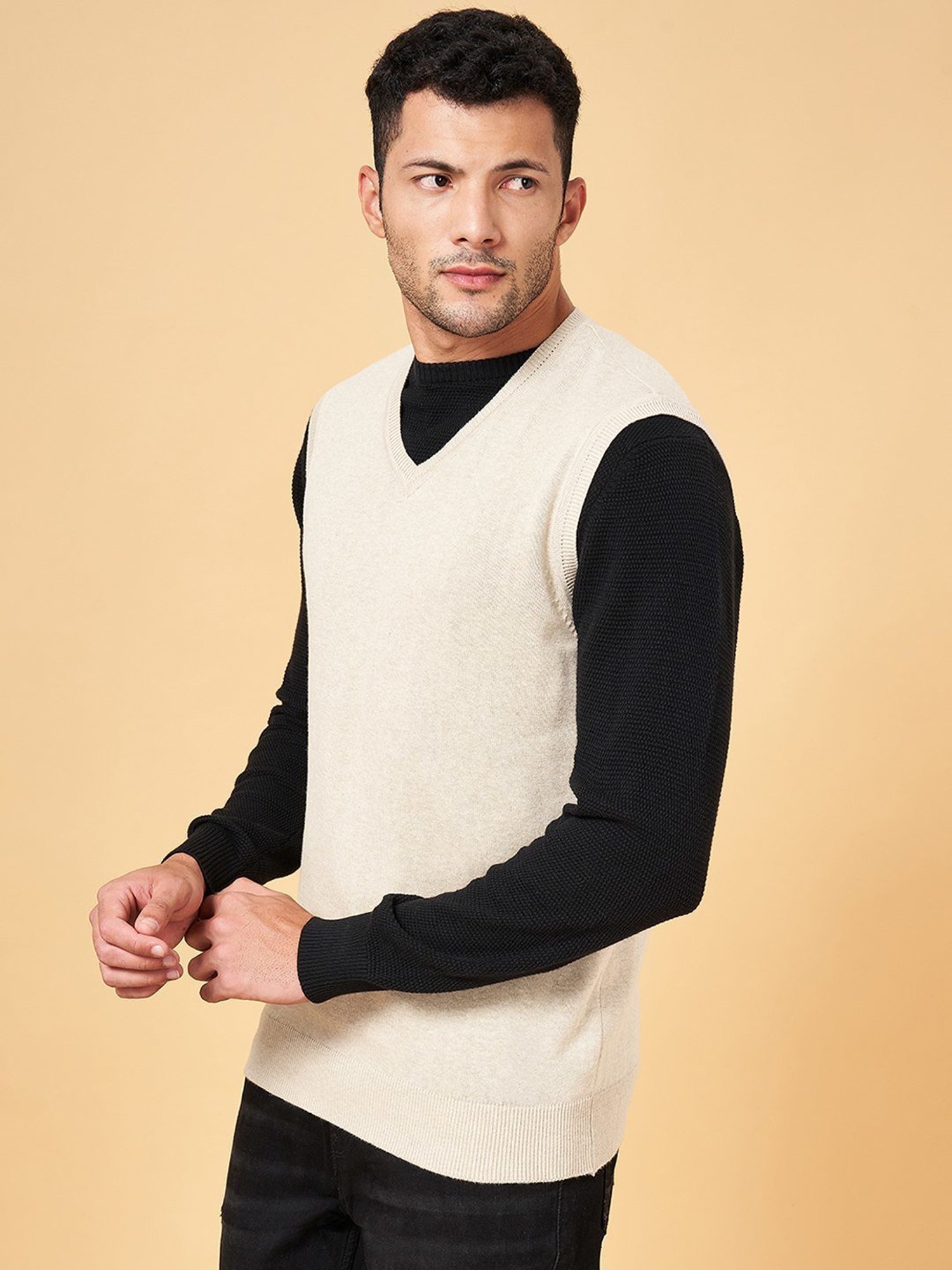 Byford by Pantaloons Beige Cotton Slim Fit Self Pattern Sweater