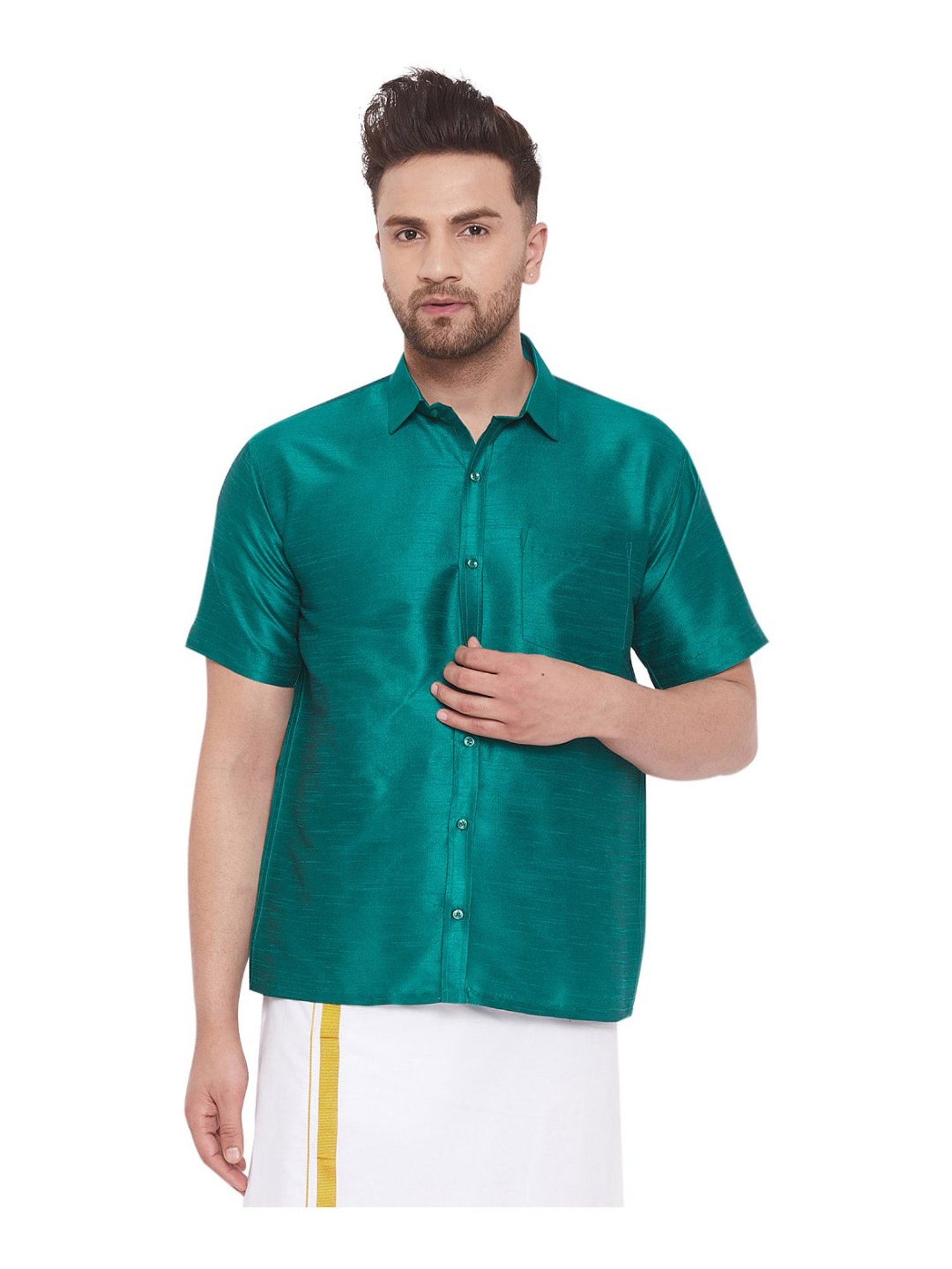 VASTRAMAY Green Straight Fit Self Pattern Ethnic Shirt