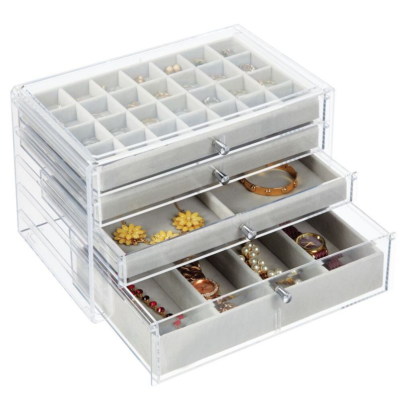 mDesign Plastic Jewelry Box, 4 Removable Storage Organizer Trays - Clear/Gray