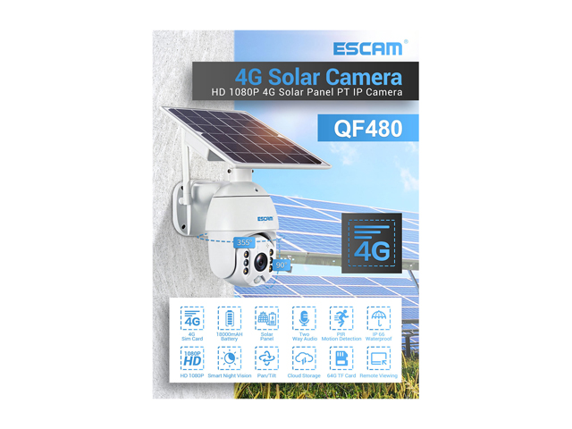 ESCAM QF480 1080P Cloud Storage PT 4G Battery PIR Alarm IP Camera With Solar Panel Full Color Night Vision IP66 Waterproof Two Way Audio Camera