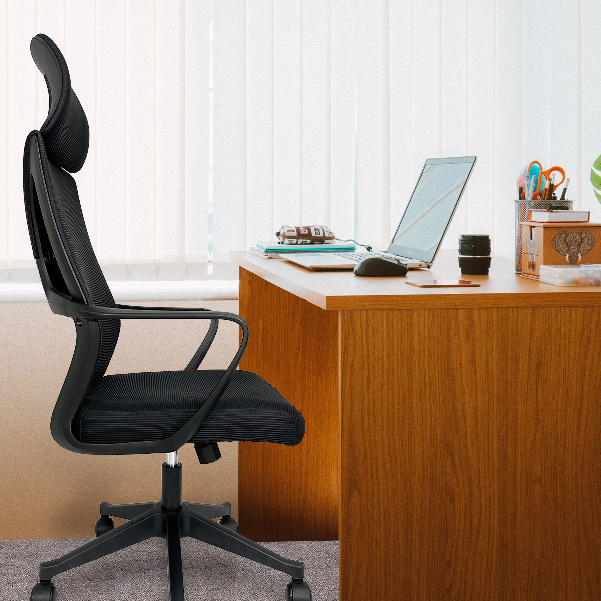 GIAS Ergonomic High-back Mesh Office Chair With Adjustable Headrest Fixed Armrest Lumbar Support&Thick Seat Cushion Swivel Computer Task Chair,black