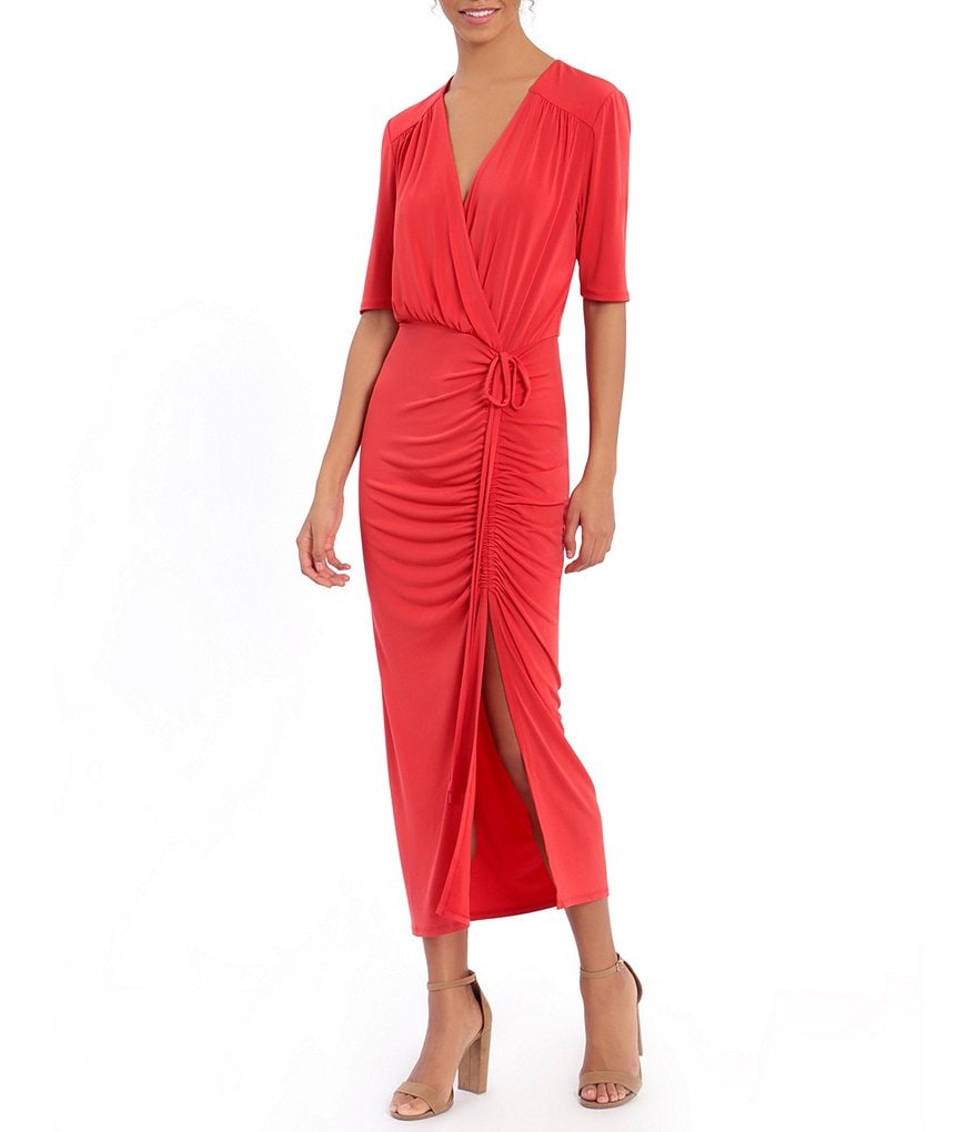 London Times Short Sleeve V-Neck Drawstring Slit Midi Dress