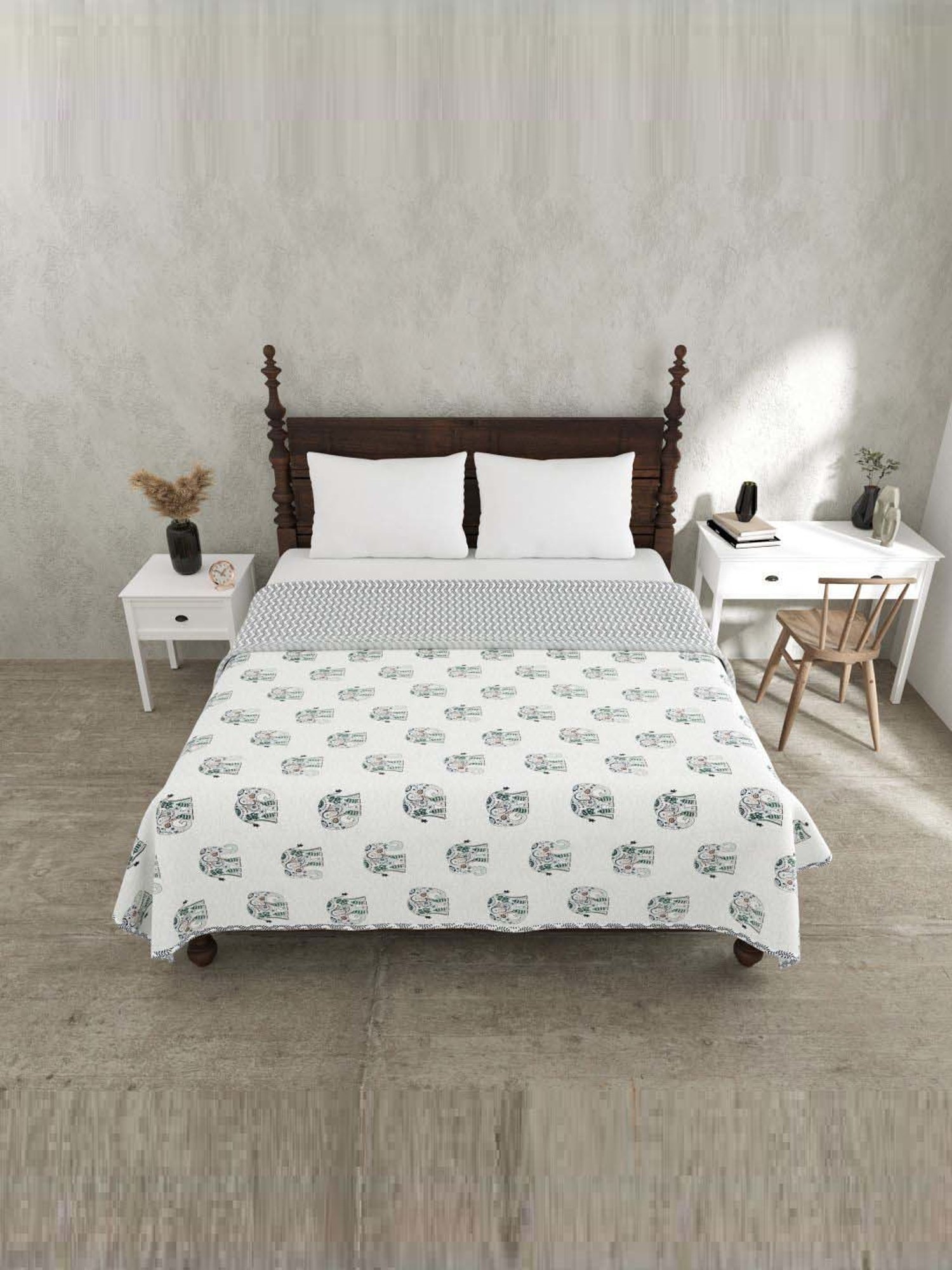 Haus & Kinder Cambric Floral Green & Yellow Cotton Single Reversible Dohar