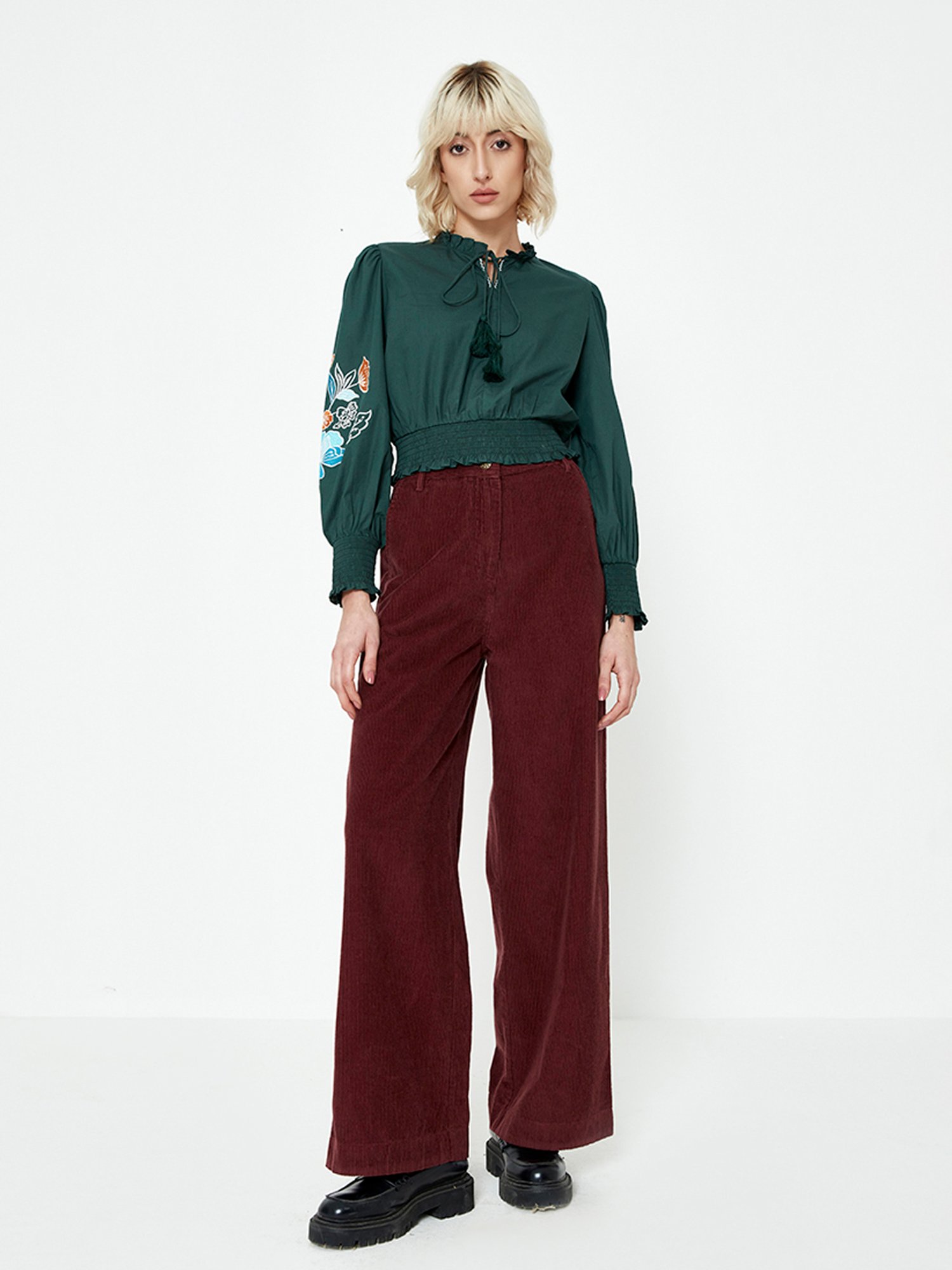 Cover Story Green Embroidered Crop Top