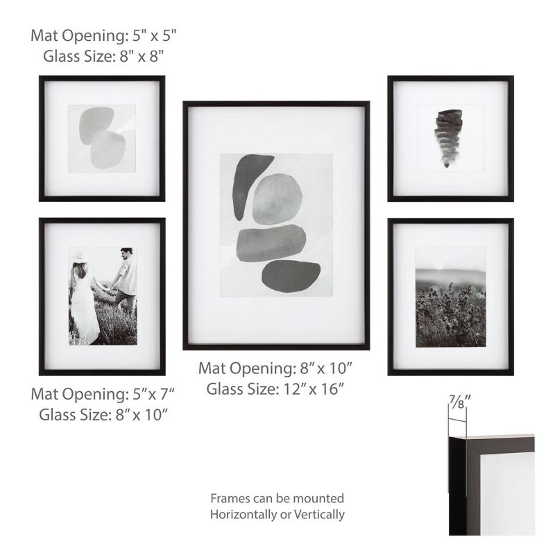 5pc Gallery Wall Frame Set with Decorative Art Prints and Hanging Template Black - Gallery Solutions