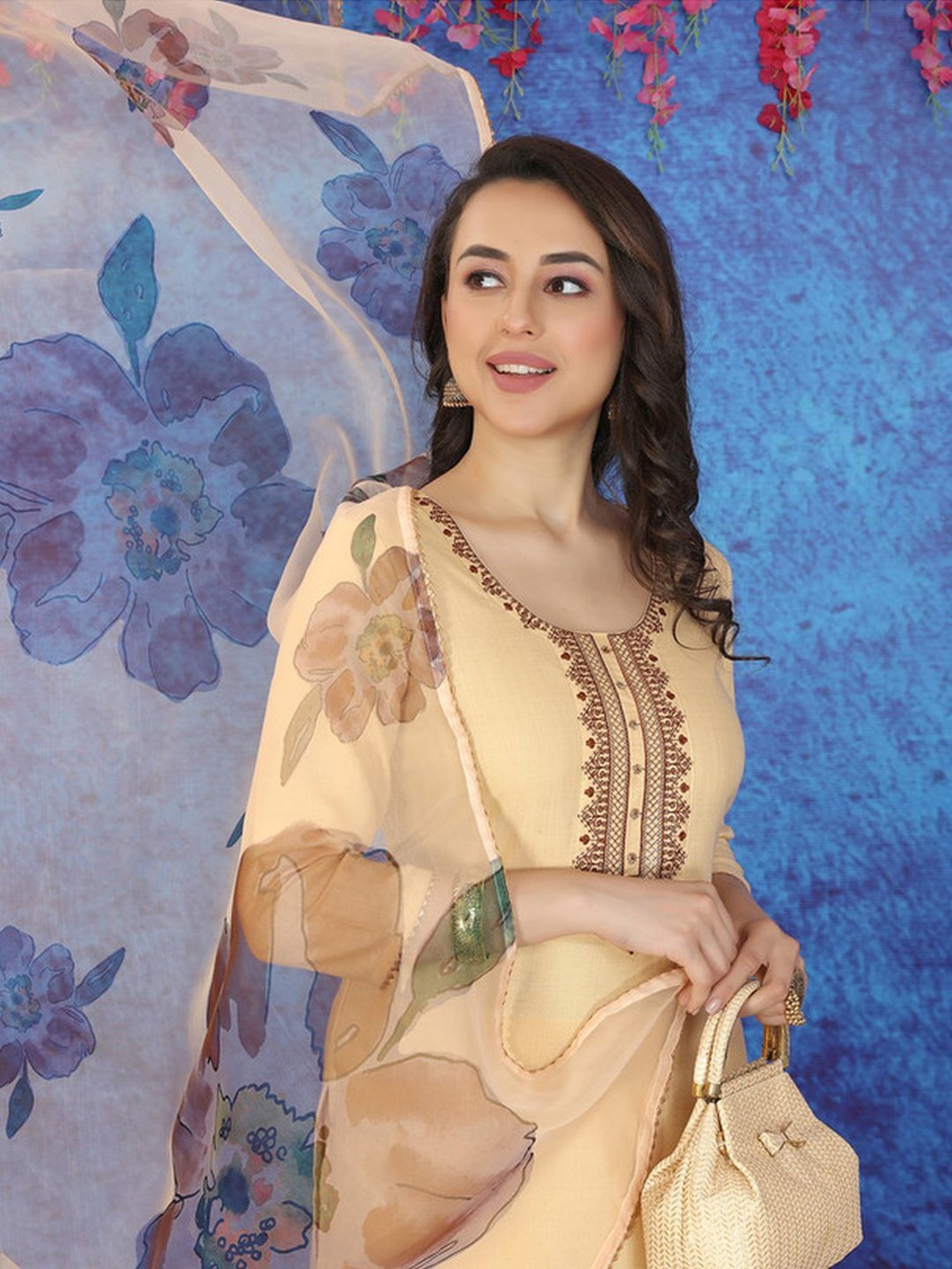 Skylee Beige Embroidered Kurta Pant Set With Dupatta