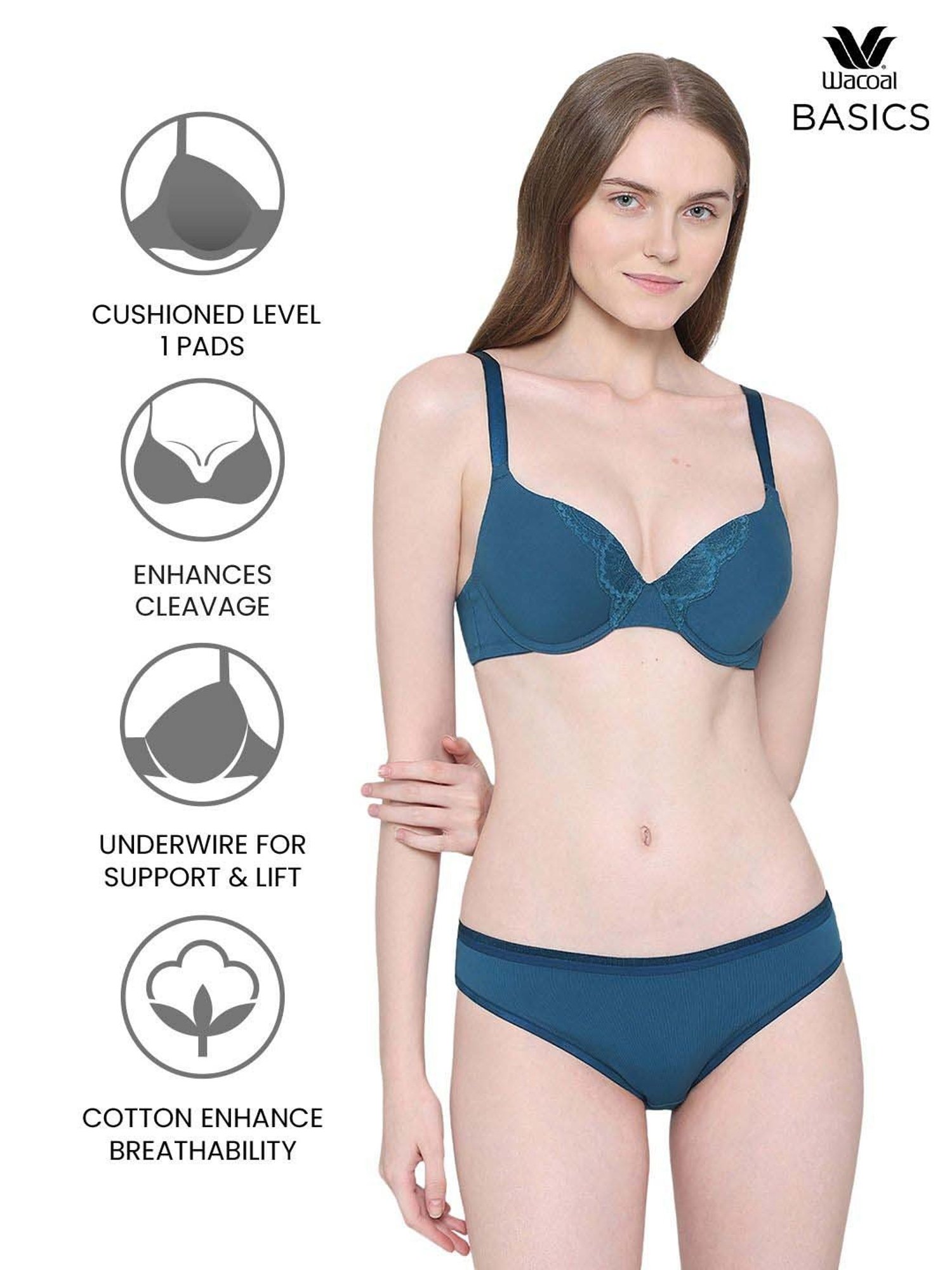 Wacoal Turquoise Cotton Lace Work Push-up Bra