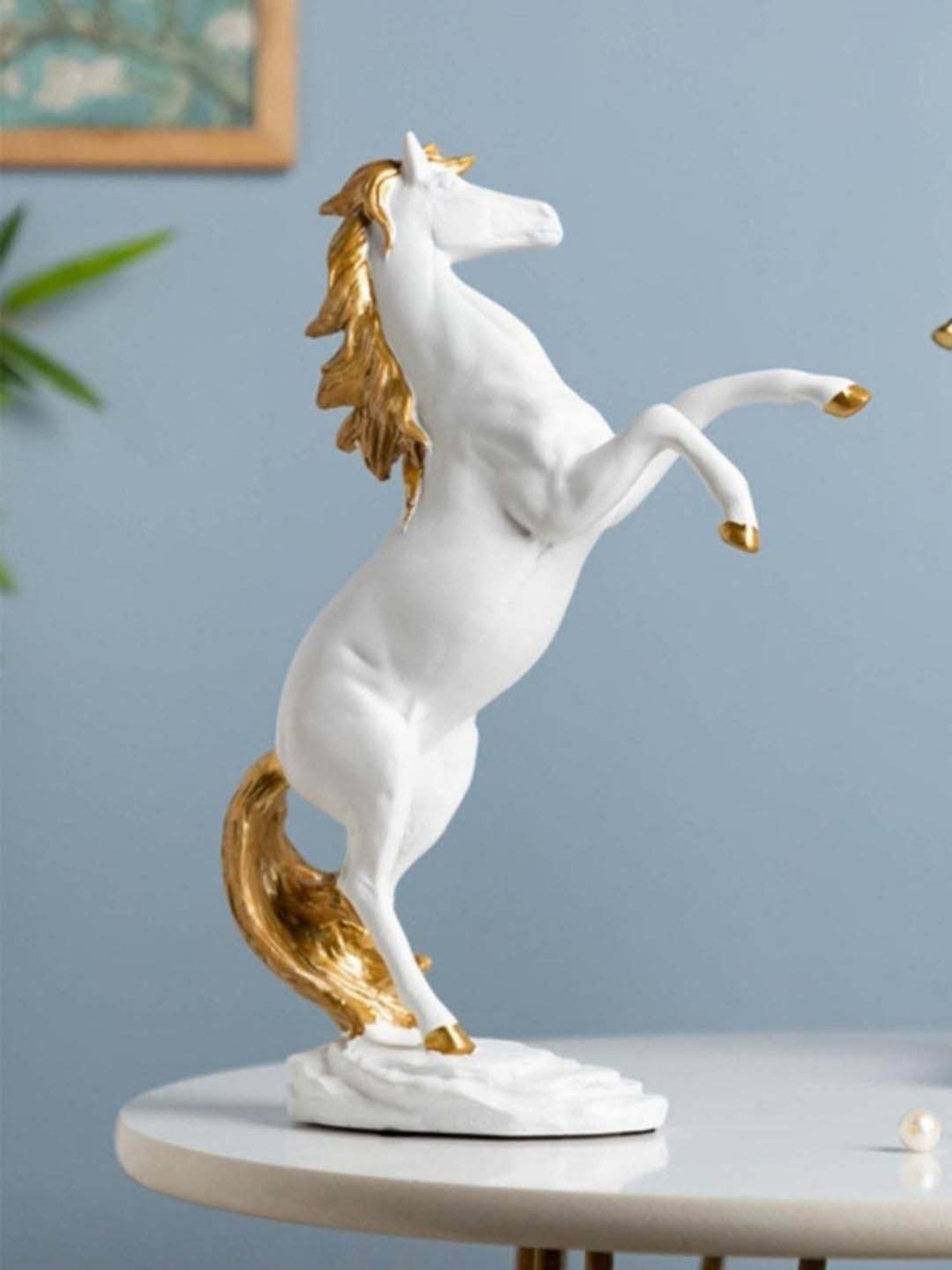 Nestasia Durable White Resin Made Horse Sculpture With A Metallic Gold Mane I Perfect For Gifting